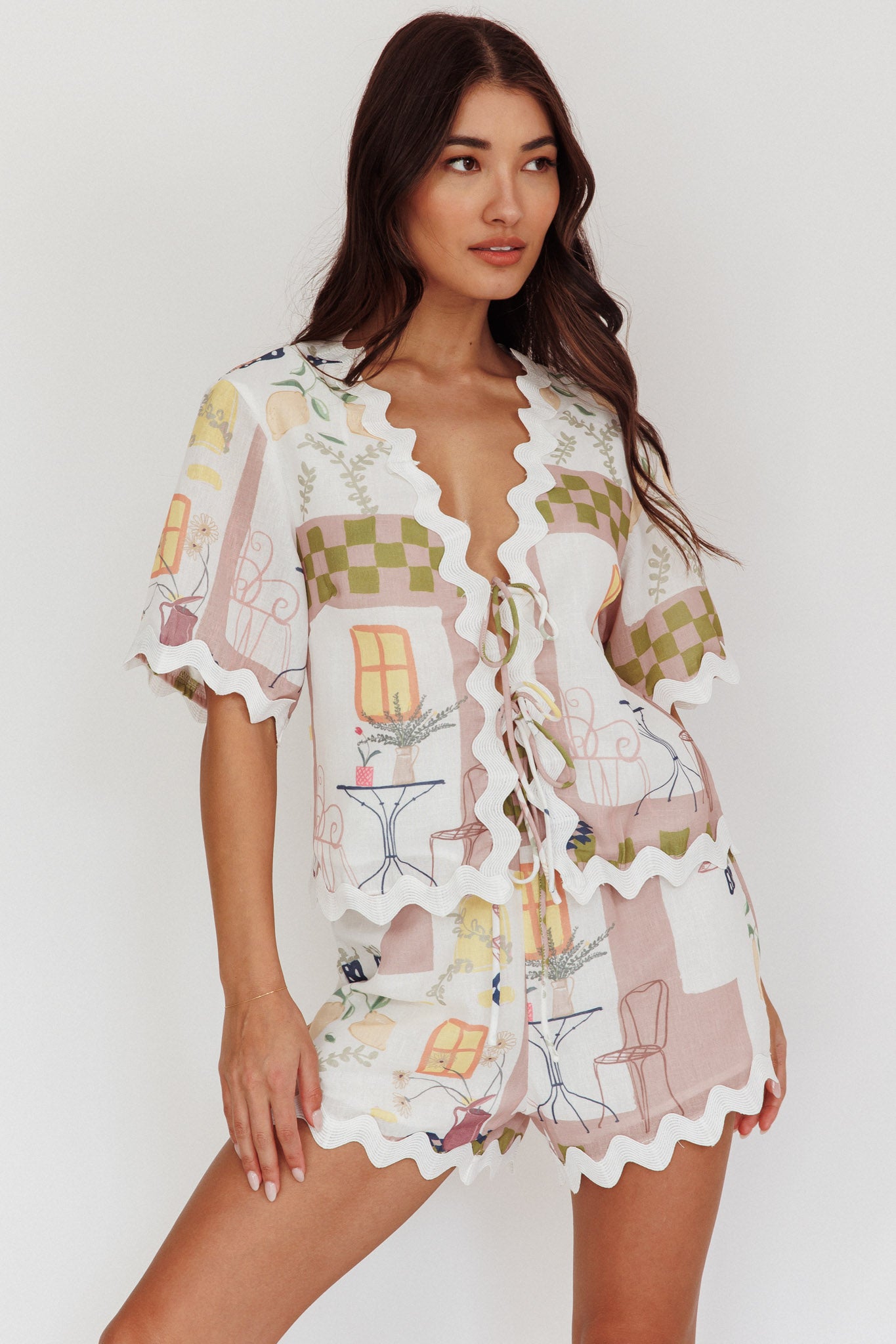 Breakaway Graphic Print Tied Short Sleeve Shirt Olive by Selfie Leslie