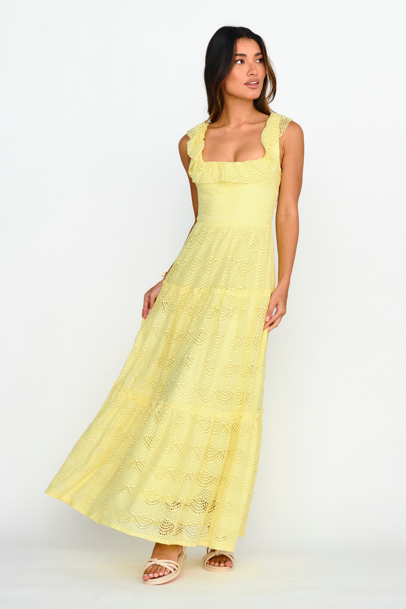 Shop the Portofino Sunset Ruffle Lace Maxi Dress Lemon