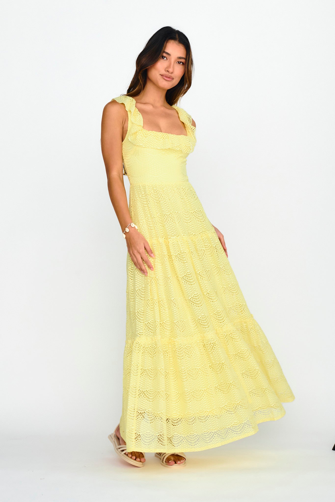 Shop the Portofino Sunset Ruffle Lace Maxi Dress Lemon