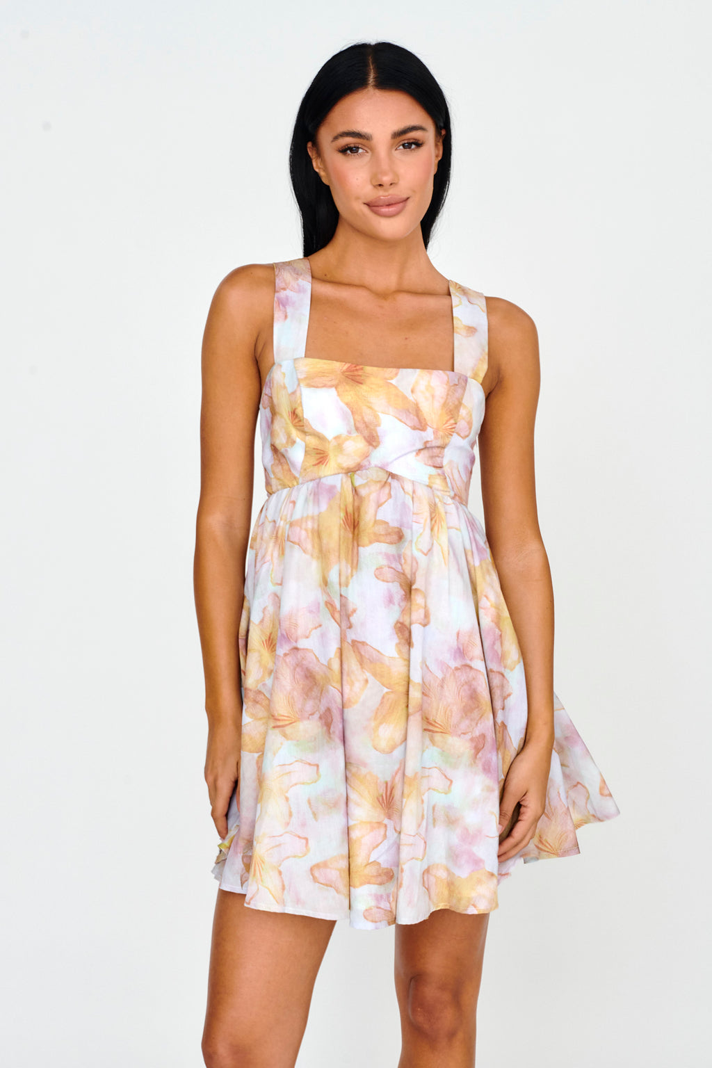 New Horizons Square Neckline Tied Mini Dress Yellow by Selfie Leslie