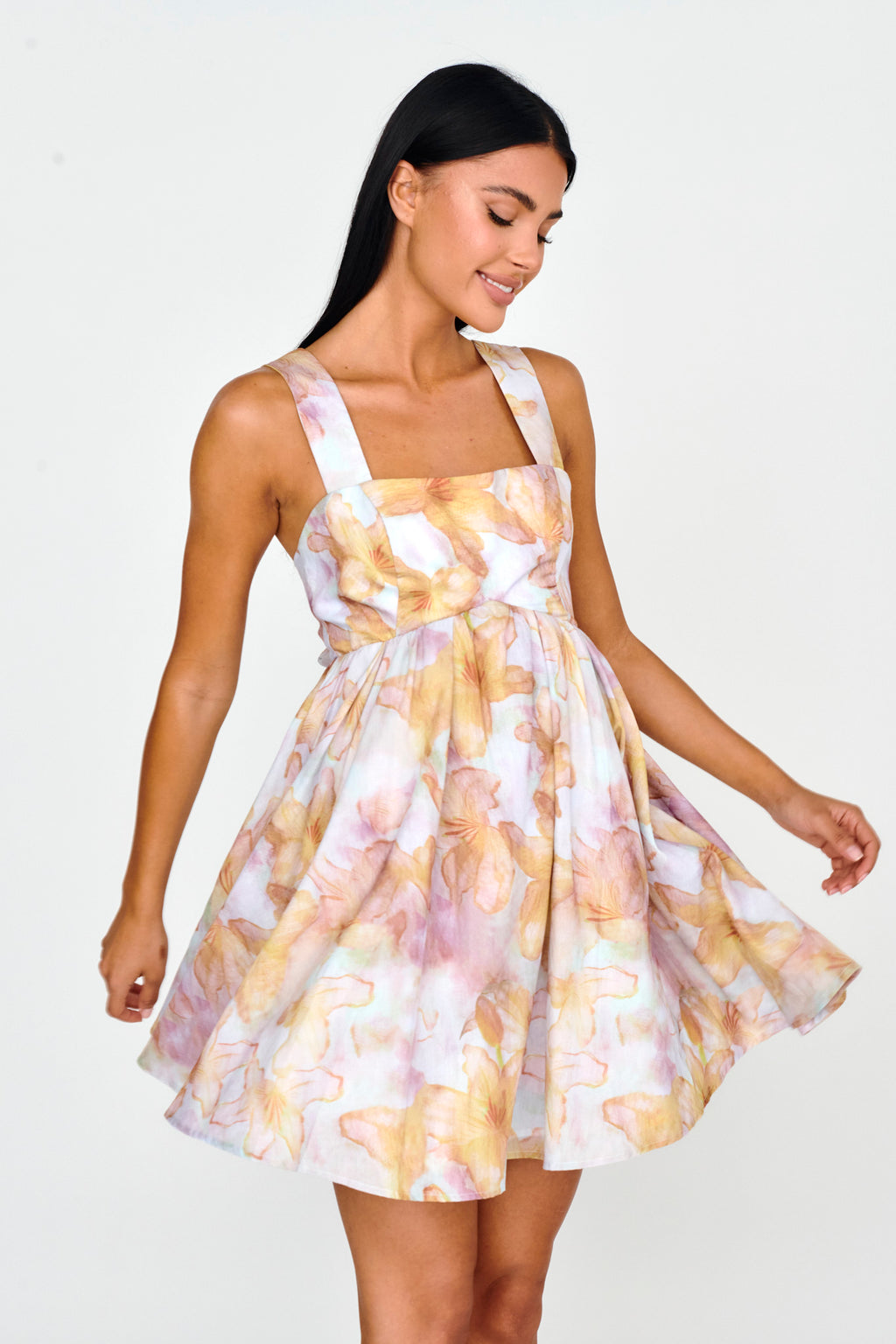 New Horizons Square Neckline Tied Mini Dress Yellow by Selfie Leslie