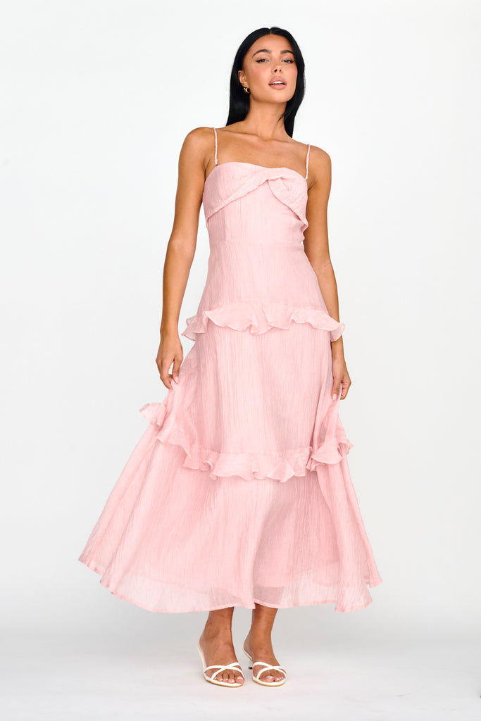 Shop the Rise & Glow Frill Trim Textured Midi Dress Blush | Selfie 