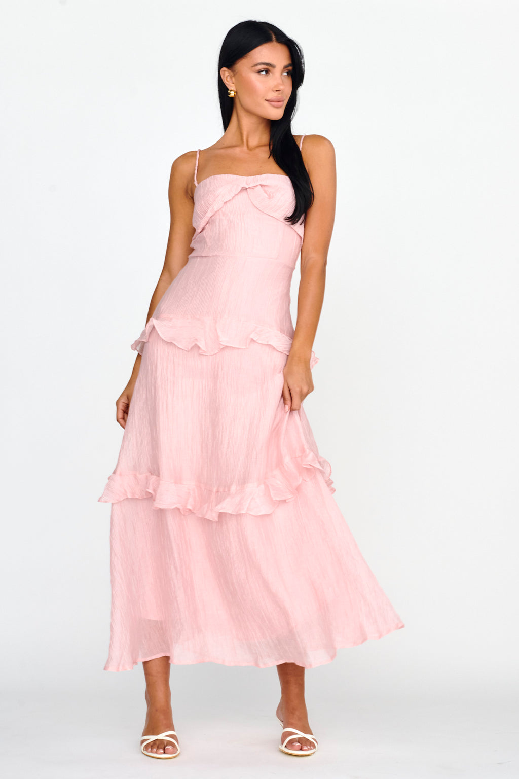 Rise & Glow Frill Trim Textured Midi Dress Blush by Selfie Leslie