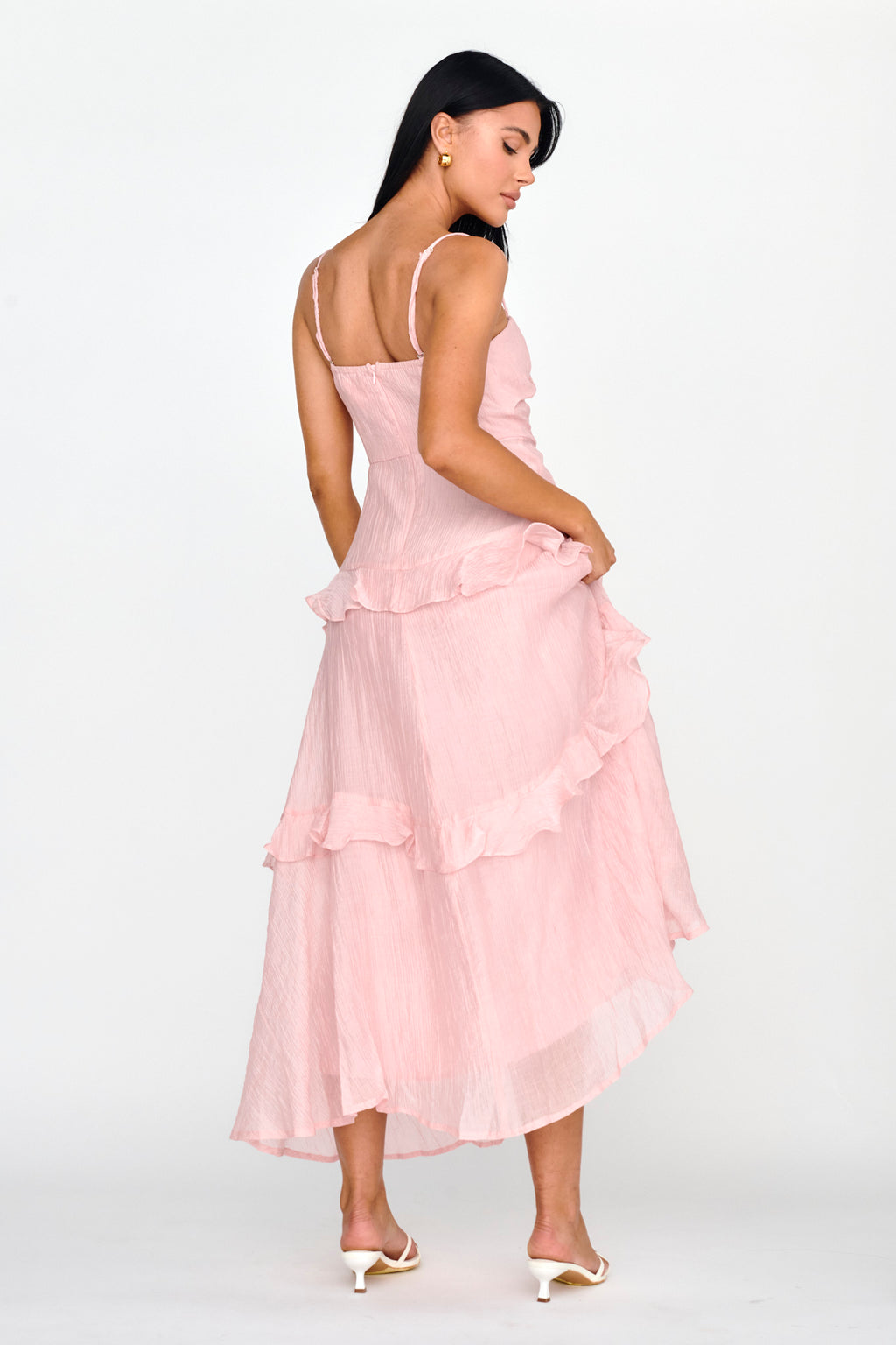 Rise & Glow Frill Trim Textured Midi Dress Blush by Selfie Leslie