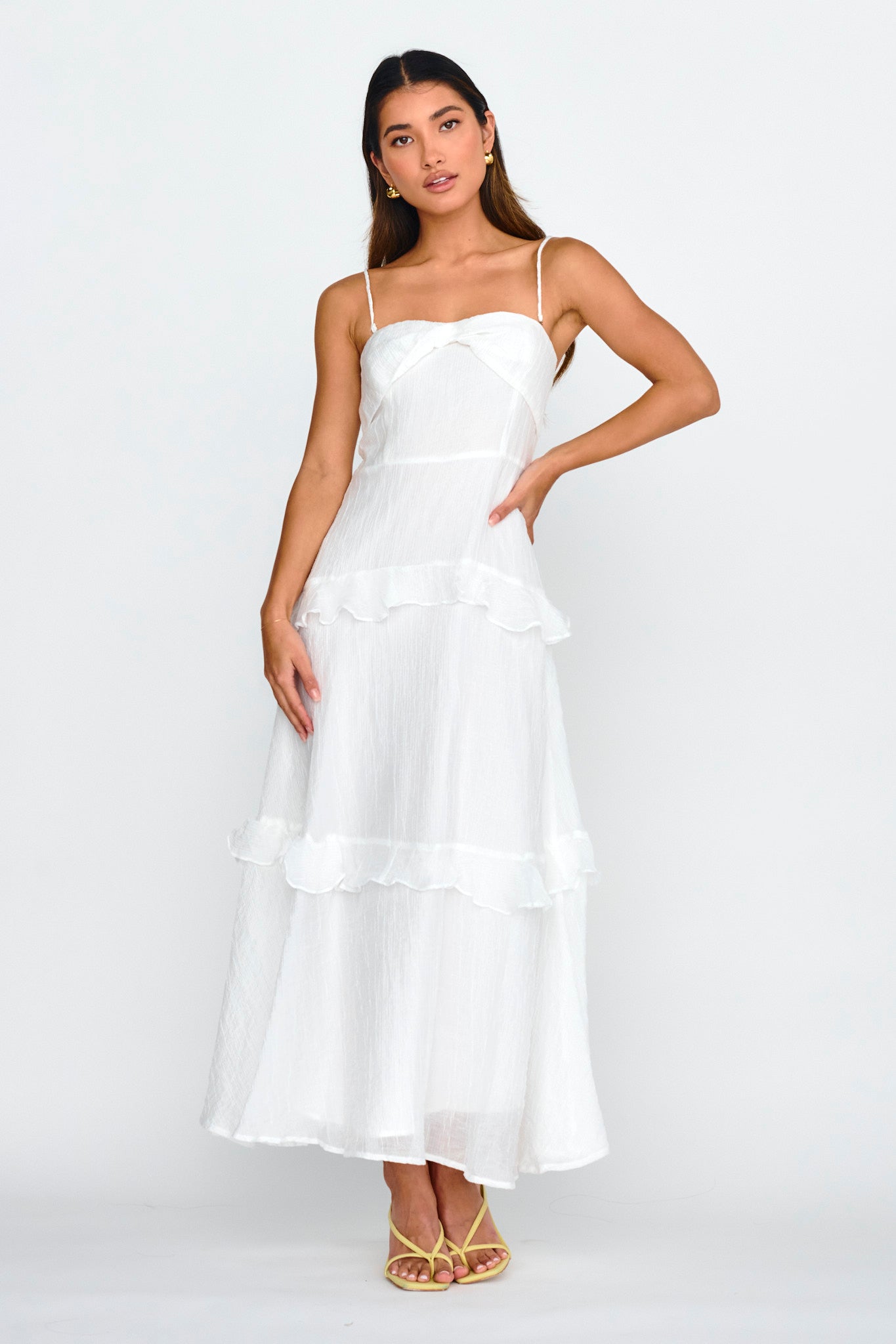 Rise & Glow Frill Trim Textured Midi Dress White by Selfie Leslie