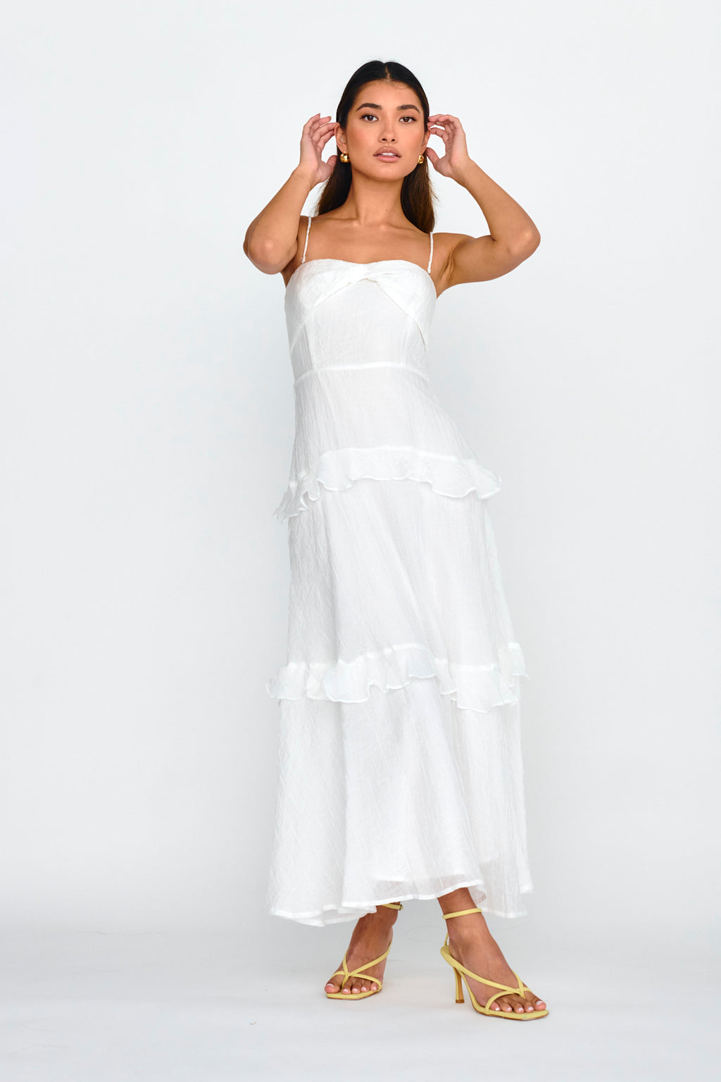 Rise & Glow Frill Trim Textured Midi Dress White by Selfie Leslie