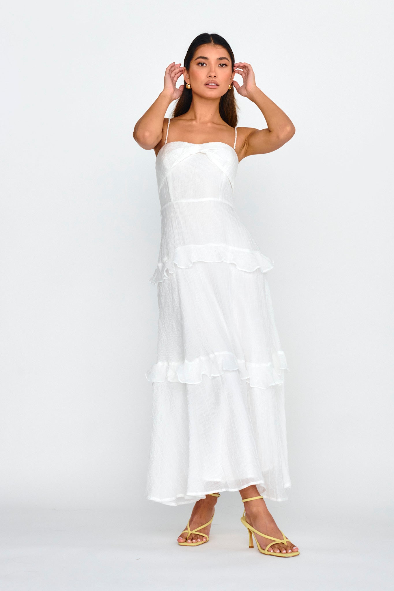 Rise & Glow Frill Trim Textured Midi Dress White by Selfie Leslie