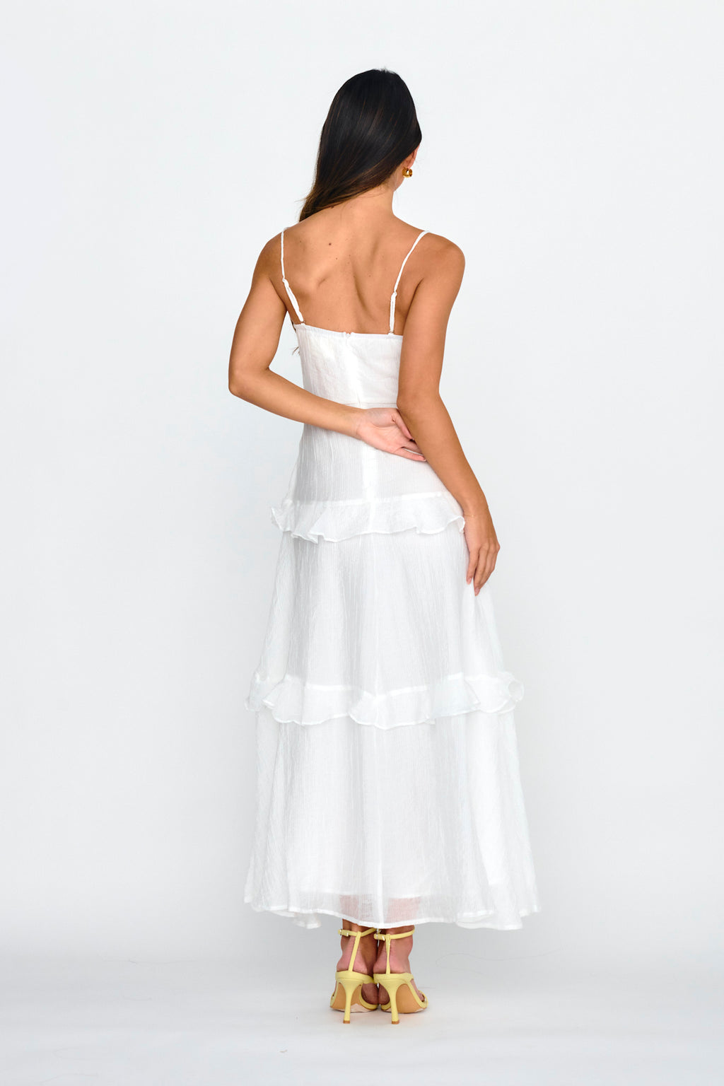 Rise & Glow Frill Trim Textured Midi Dress White by Selfie Leslie