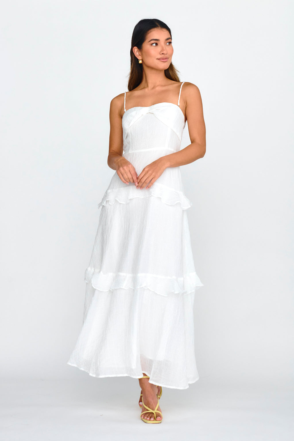 Rise & Glow Frill Trim Textured Midi Dress White by Selfie Leslie