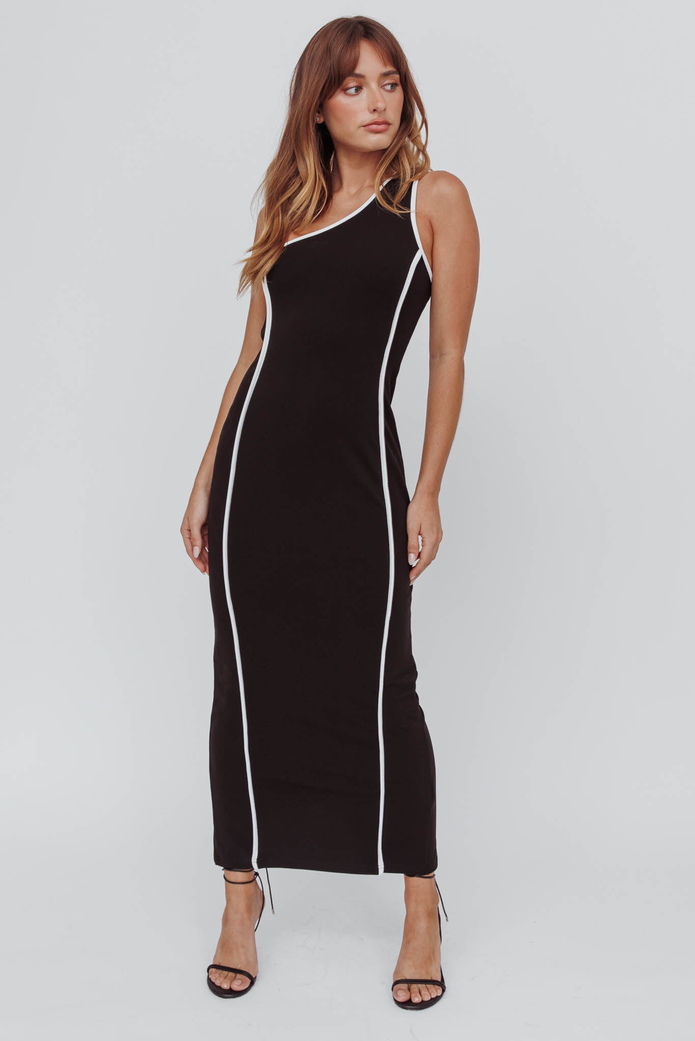 Ivanka One Shoulder Contrast Piping Dress Black by Selfie Leslie