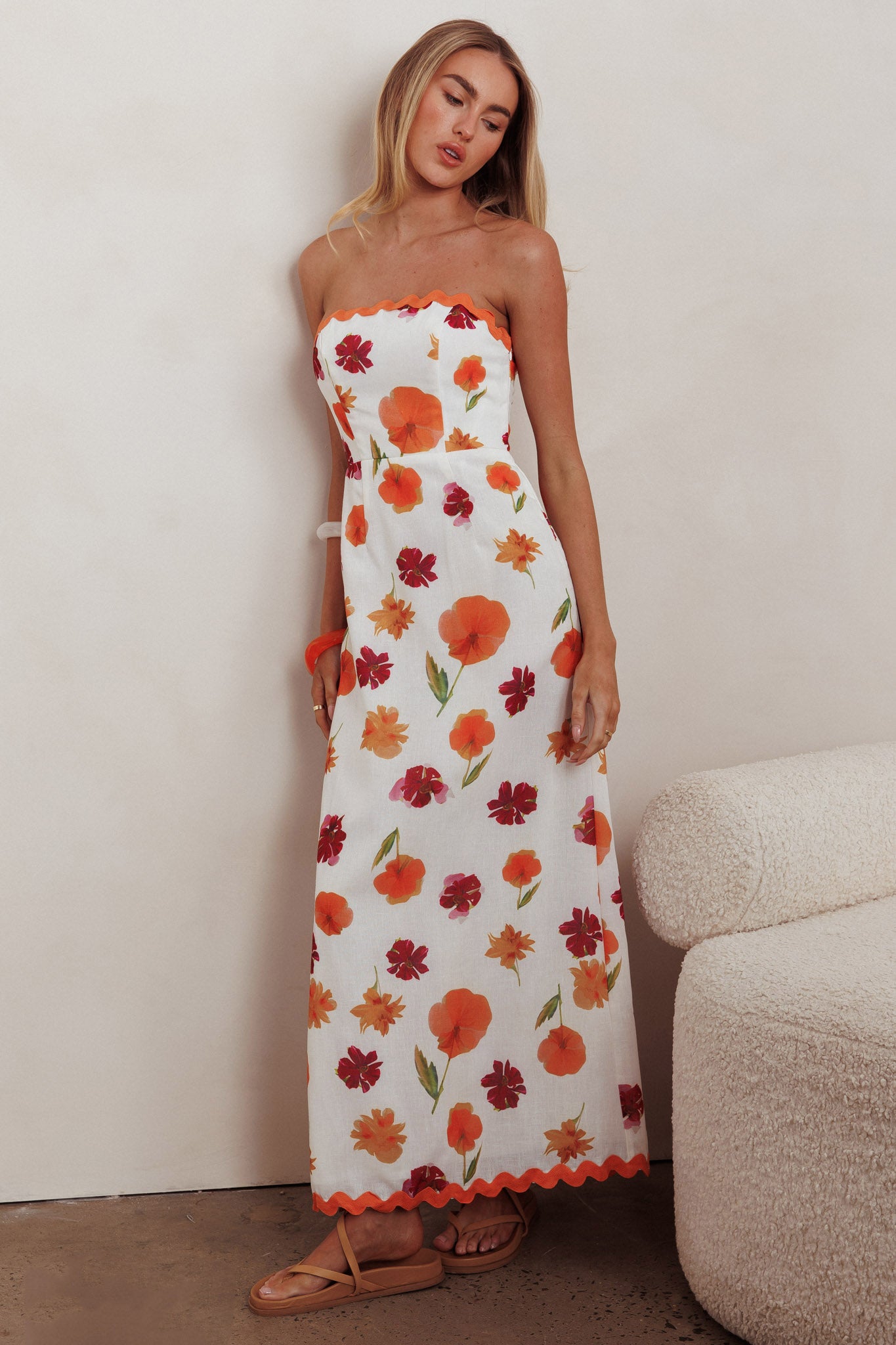 Cypress Ric Rac Trim Floral Strapless Maxi Dress Orange Multi by Selfie Leslie