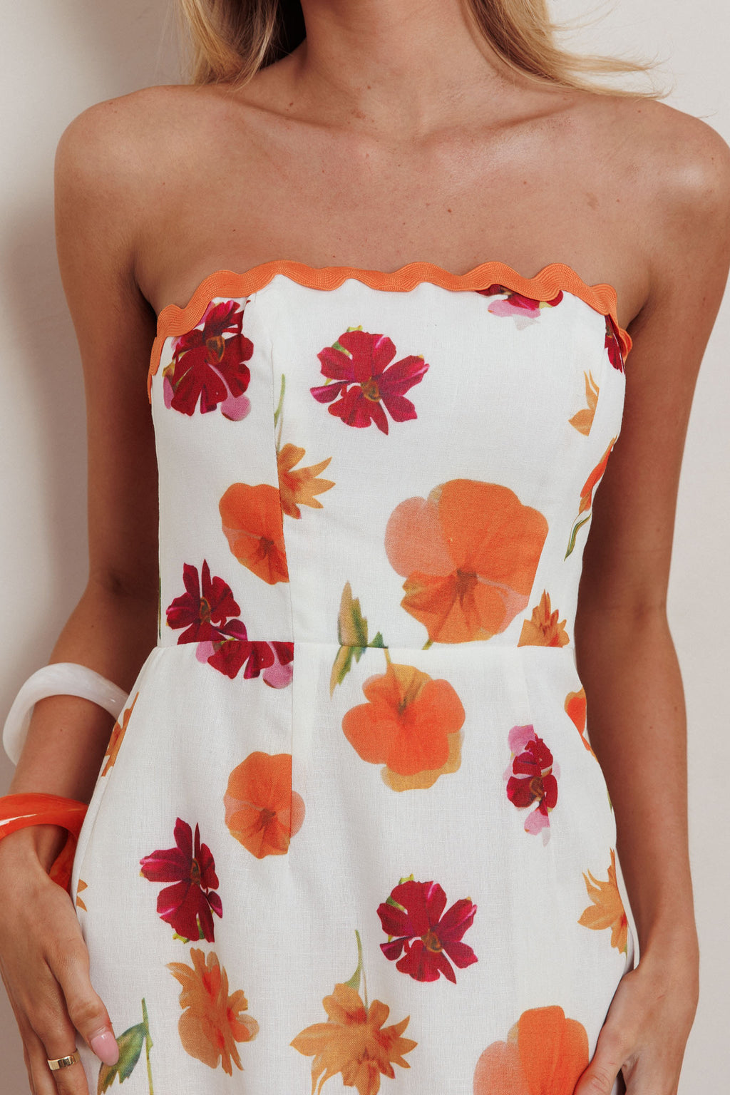 Cypress Ric Rac Trim Floral Strapless Maxi Dress Orange Multi by Selfie Leslie