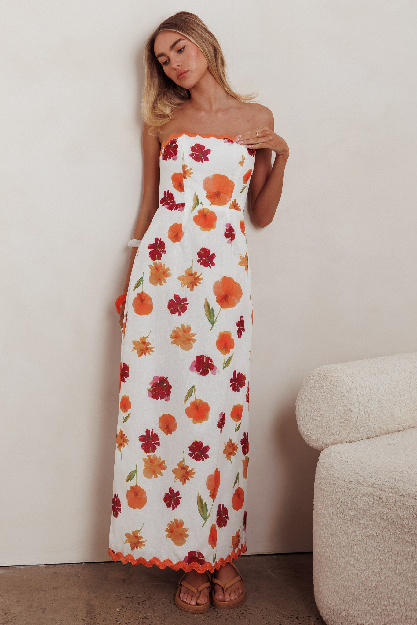 Cypress Ric Rac Trim Floral Strapless Maxi Dress Orange Multi by Selfie Leslie