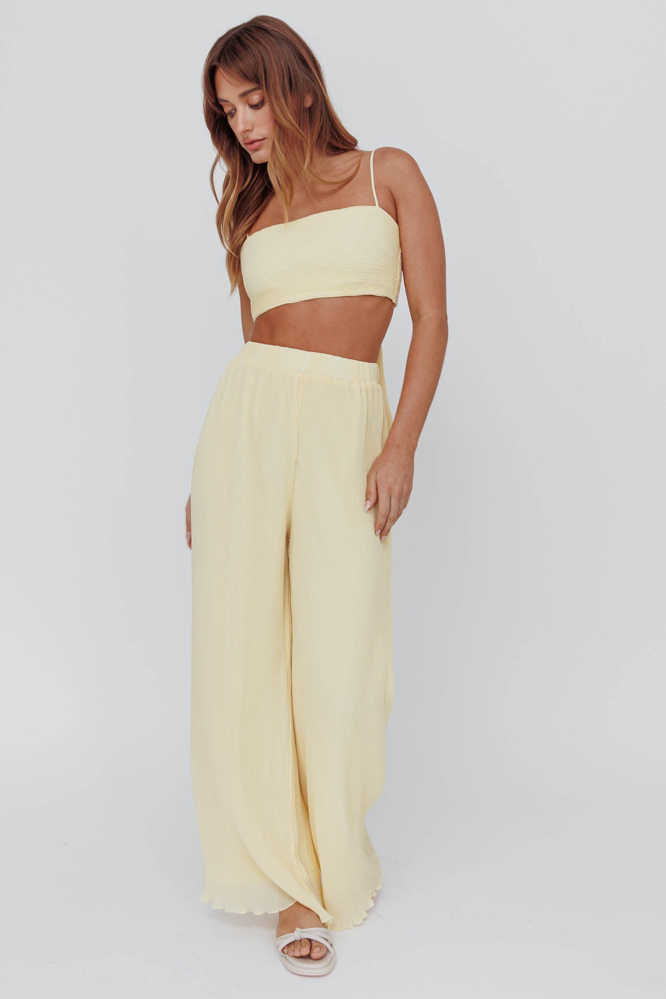 Light Energy Accordion Pleat Pants Lemon by Selfie Leslie