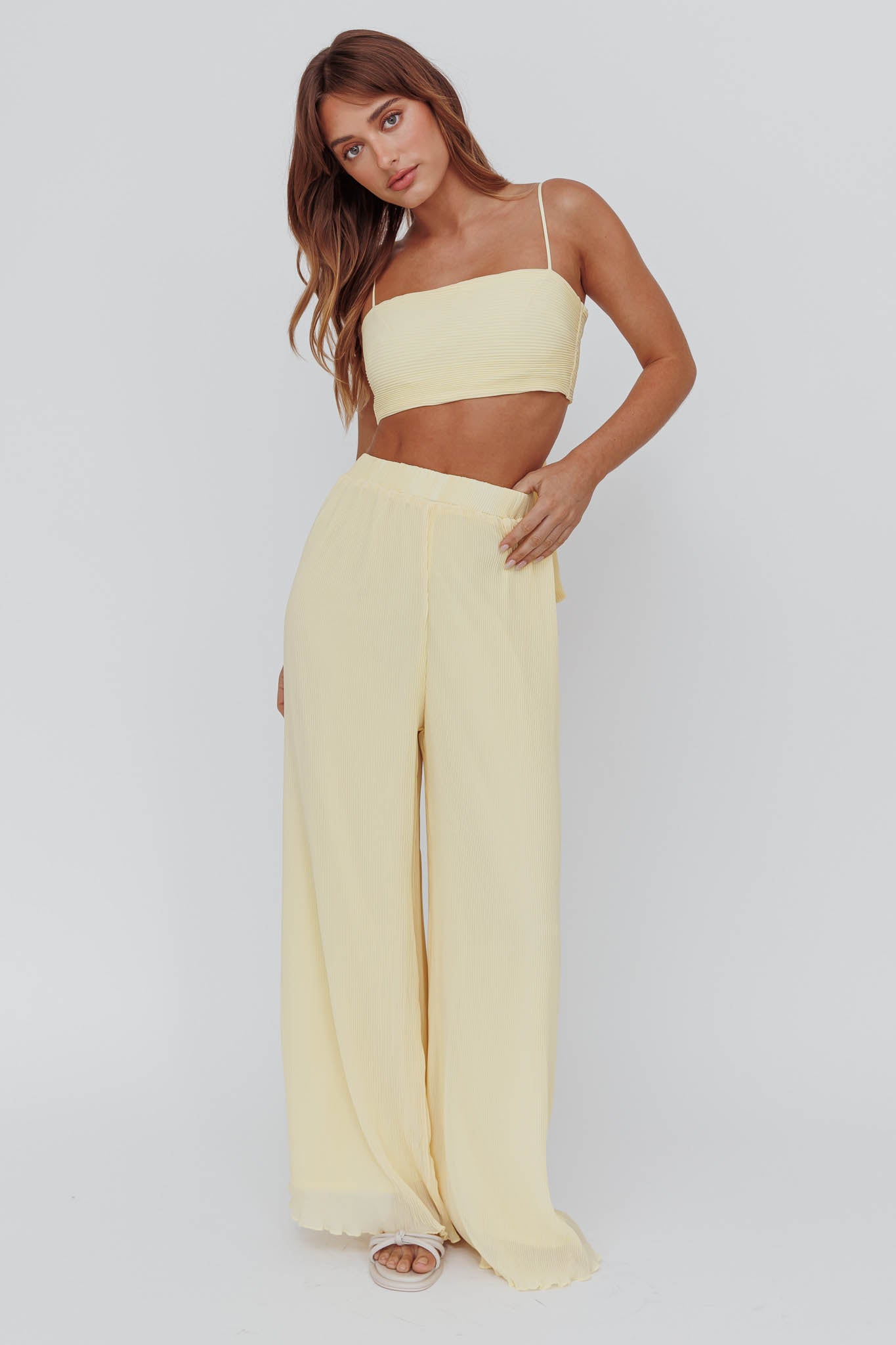 Light Energy Accordion Pleat Pants Lemon by Selfie Leslie