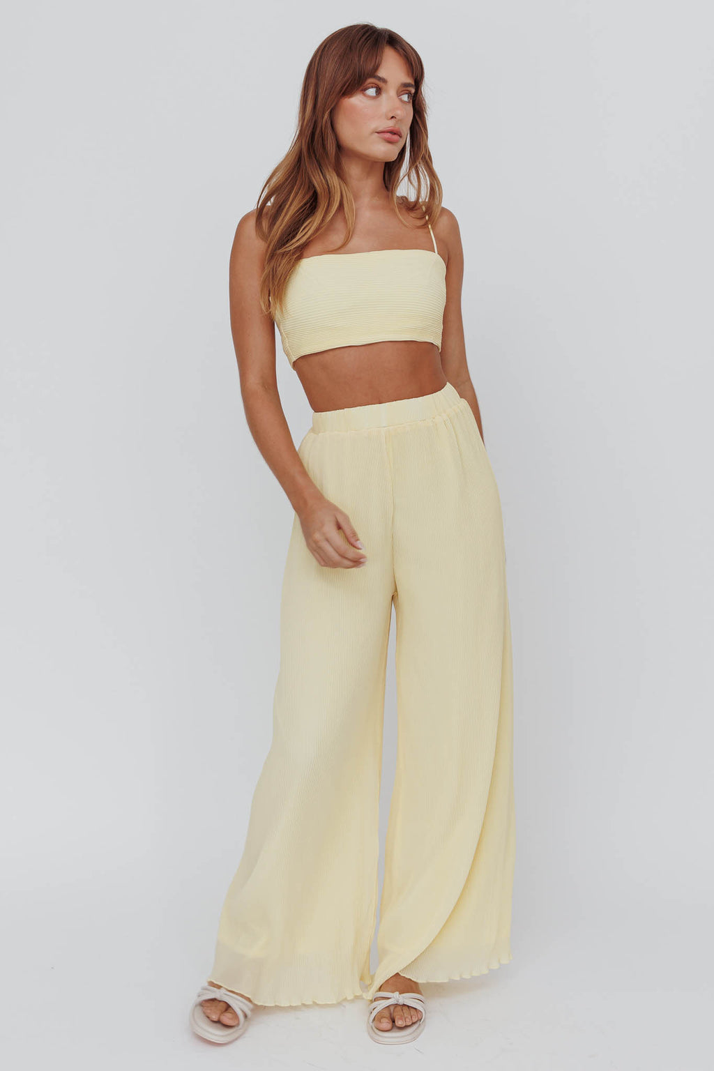 Light Energy Accordion Pleat Pants Lemon by Selfie Leslie