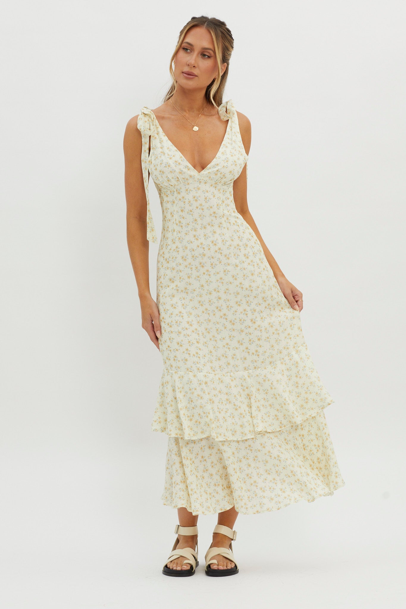 Manhattan Summer Tied Shoulder Maxi Dress Yellow - L Manhattan Summer Tied Shoulder Maxi Dress Yellow - L