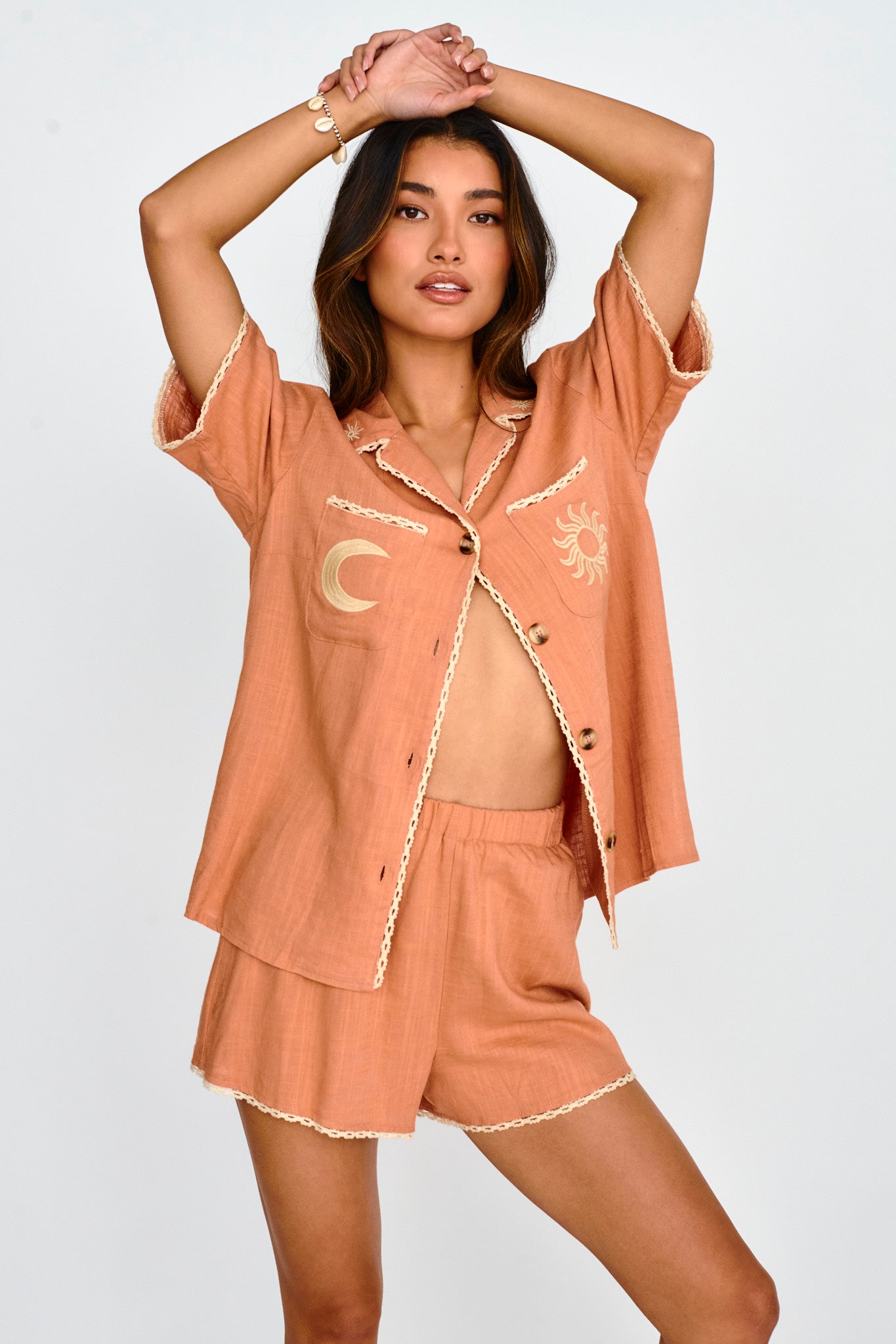 Swing Of Things Embroidered Shirt Mocha by Selfie Leslie
