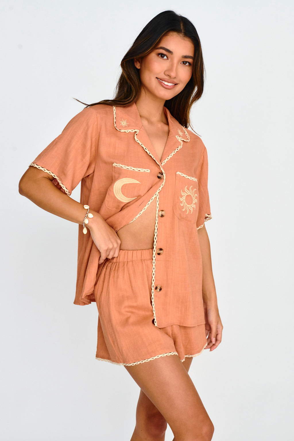 Swing Of Things Embroidered Shirt Mocha by Selfie Leslie