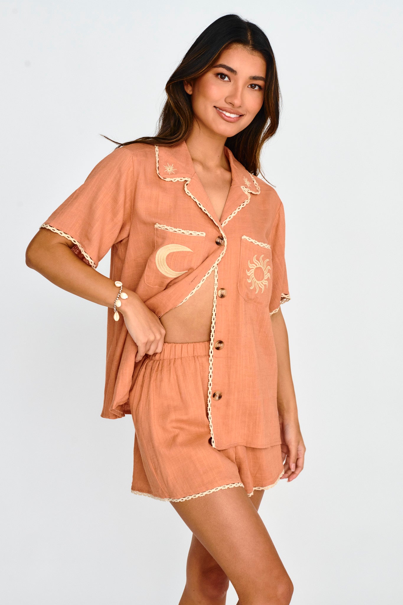 Swing Of Things Embroidered Shirt Mocha by Selfie Leslie