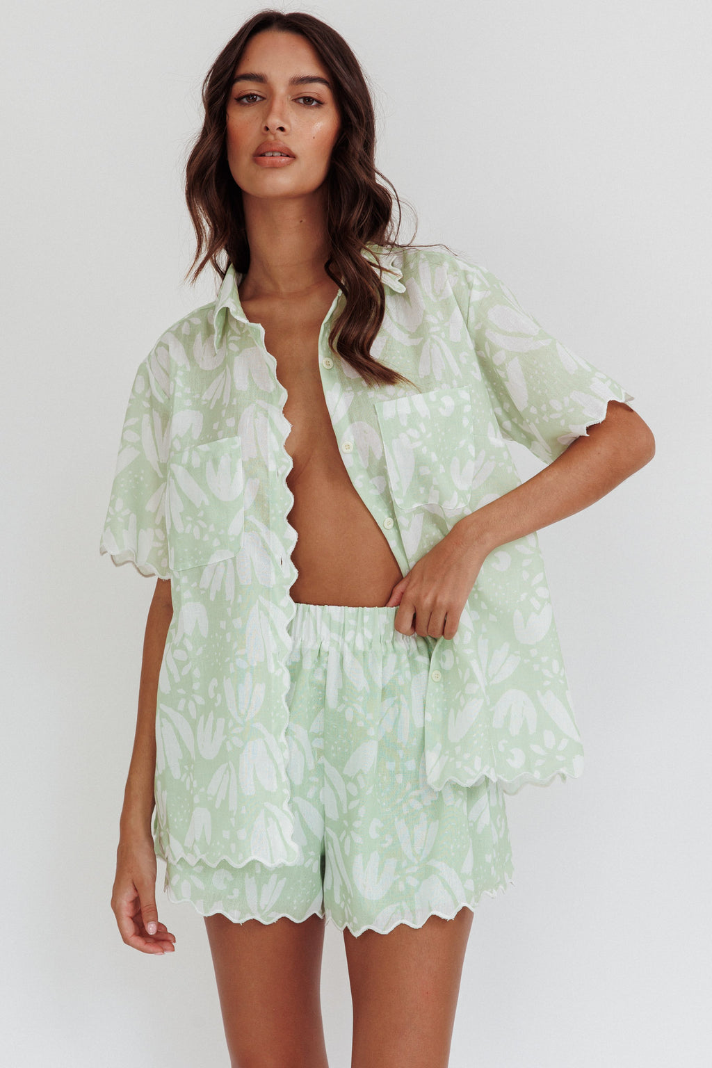 Swing Of Things Scalloped Elastic Waist Shorts Print Sage by Selfie Leslie
