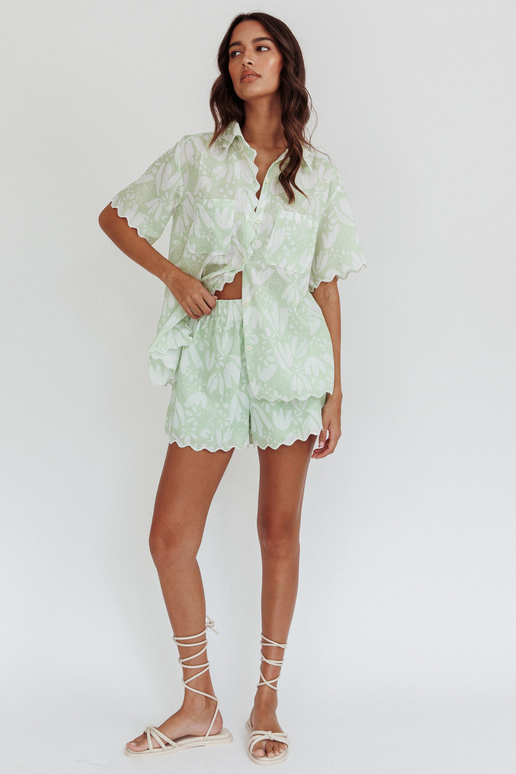 Swing Of Things Scalloped Elastic Waist Shorts Print Sage by Selfie Leslie