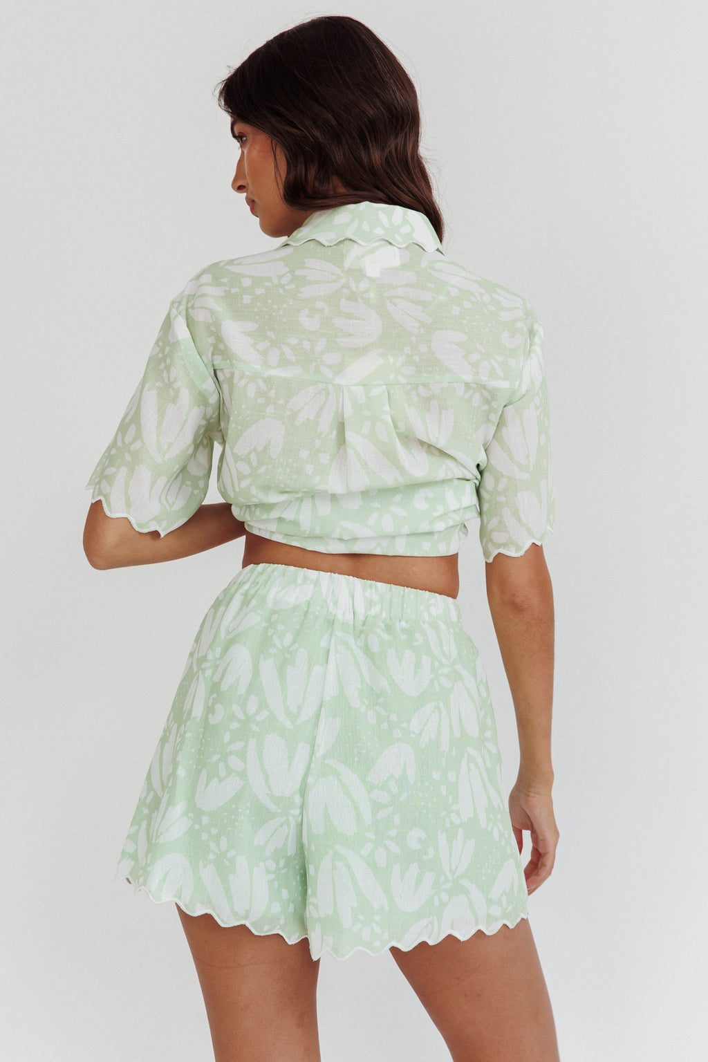 Swing Of Things Scalloped Elastic Waist Shorts Print Sage by Selfie Leslie