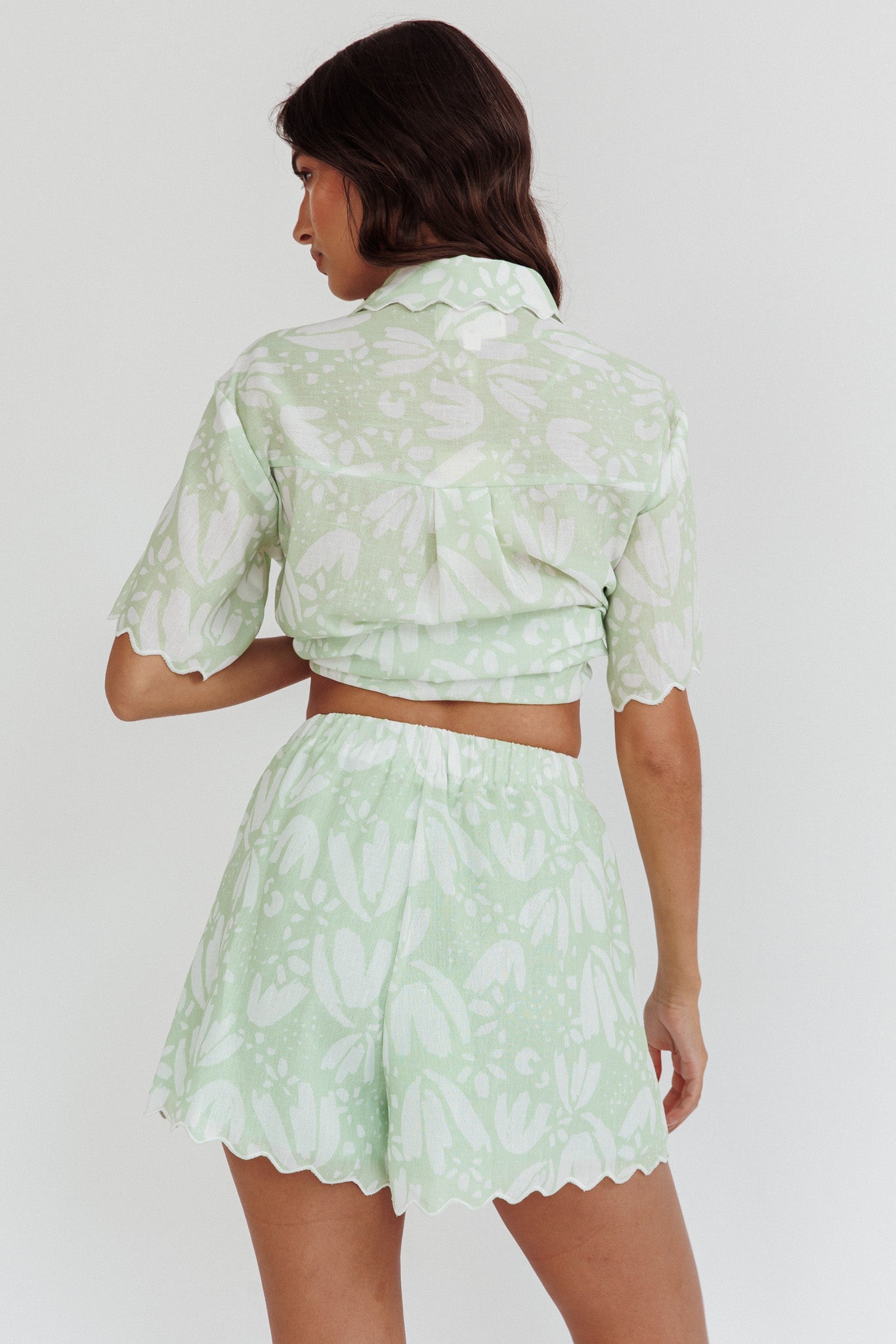 Swing Of Things Scalloped Elastic Waist Shorts Print Sage by Selfie Leslie