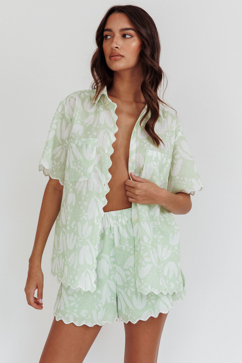 Swing Of Things Scalloped Elastic Waist Shorts Print Sage by Selfie Leslie
