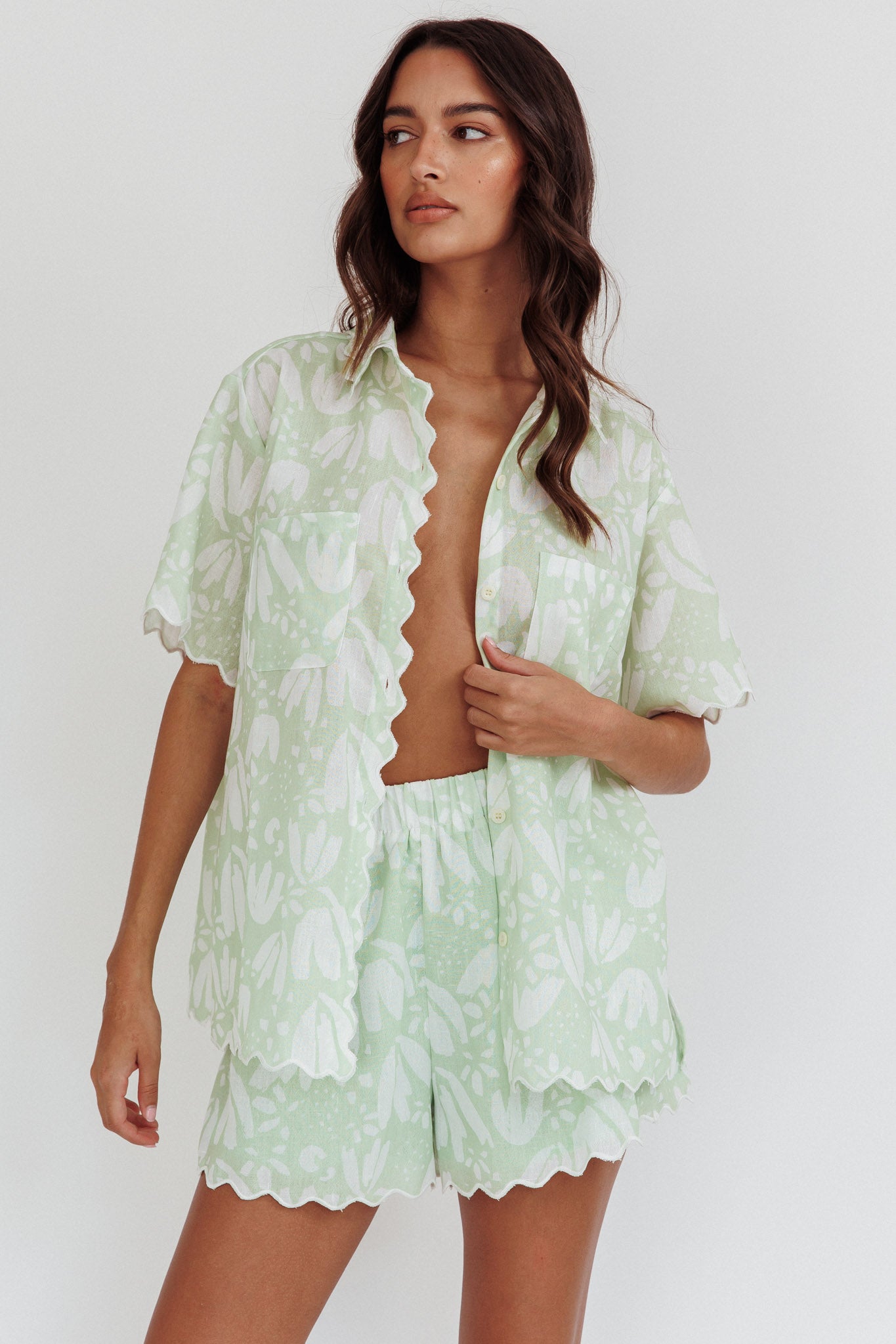 Swing Of Things Scalloped Elastic Waist Shorts Print Sage by Selfie Leslie