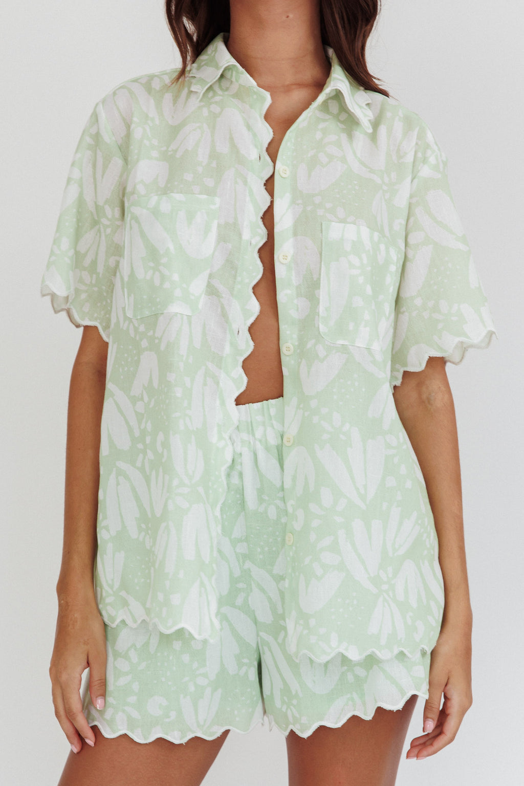Swing Of Things Scalloped Edge Shirt Print Sage by Selfie Leslie