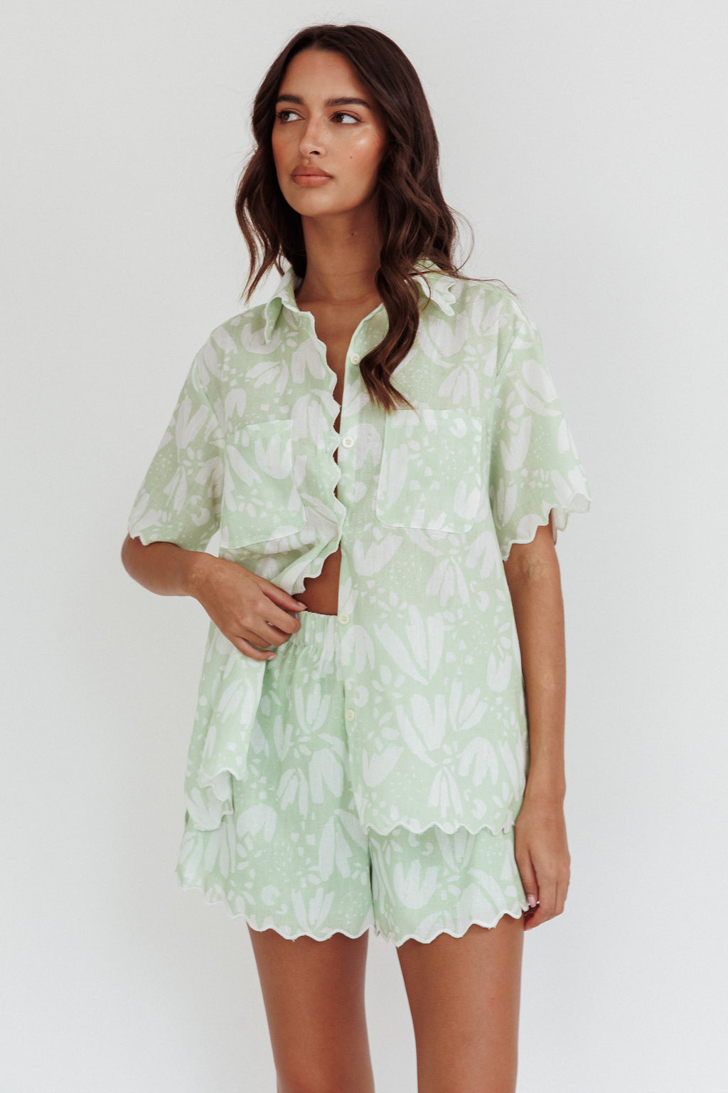 Swing Of Things Scalloped Edge Shirt Print Sage by Selfie Leslie