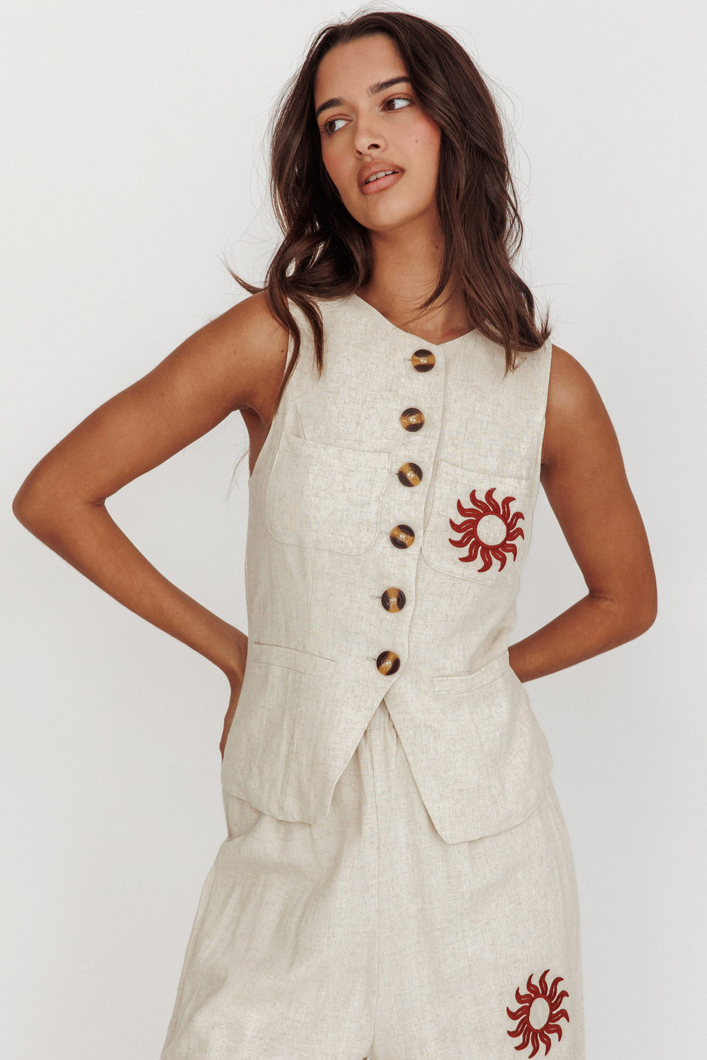 Swing Of Things Sun Sleeveless Buttoned Vest Oat by Selfie Leslie