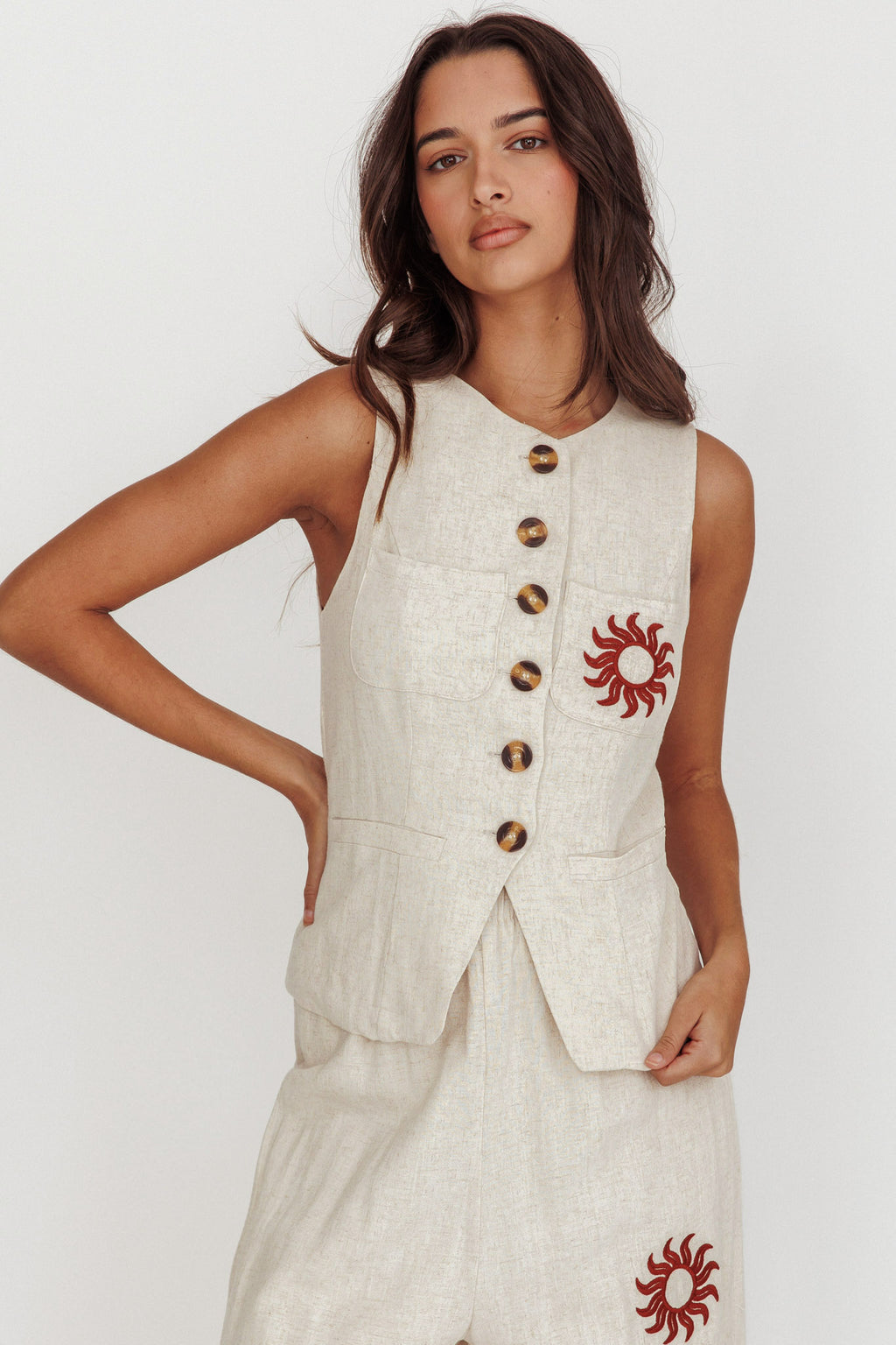 Swing Of Things Sun Sleeveless Buttoned Vest Oat by Selfie Leslie