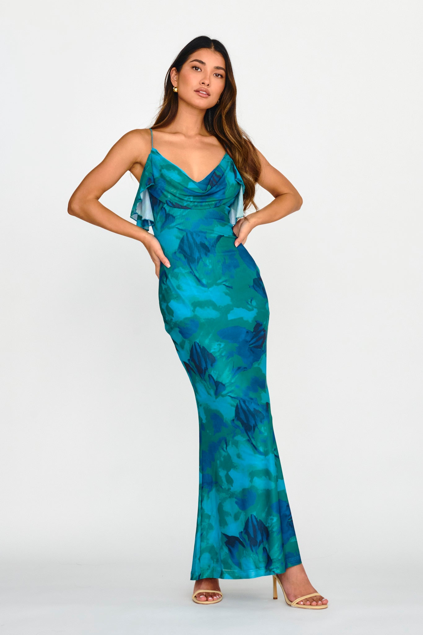 Jannie Draped Neckline Cami Dress Abstract Green | Selfie Leslie Jannie Draped Neckline Cami Dress Abstract Green | Selfie Leslie