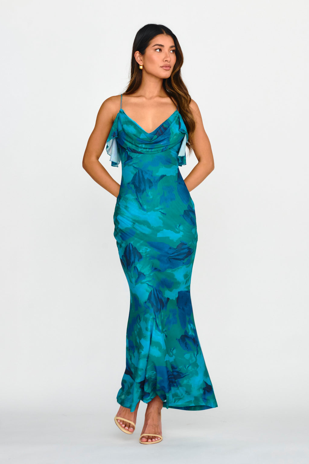 Jannie Draped Neckline Cami Dress Abstract Green by Selfie Leslie