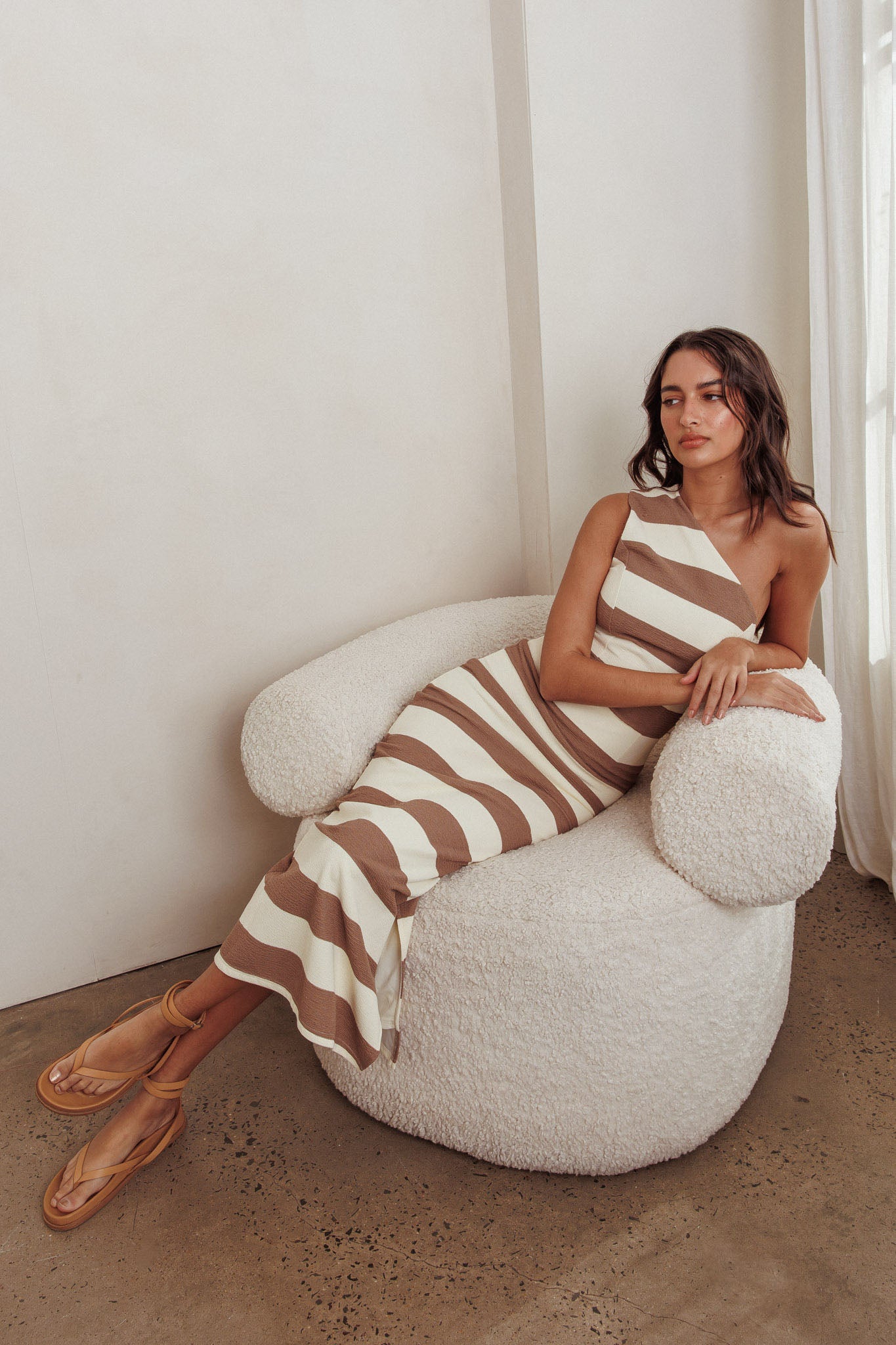 Gracey Striped One Shoulder Maxi Dress Beige/White by Selfie Leslie