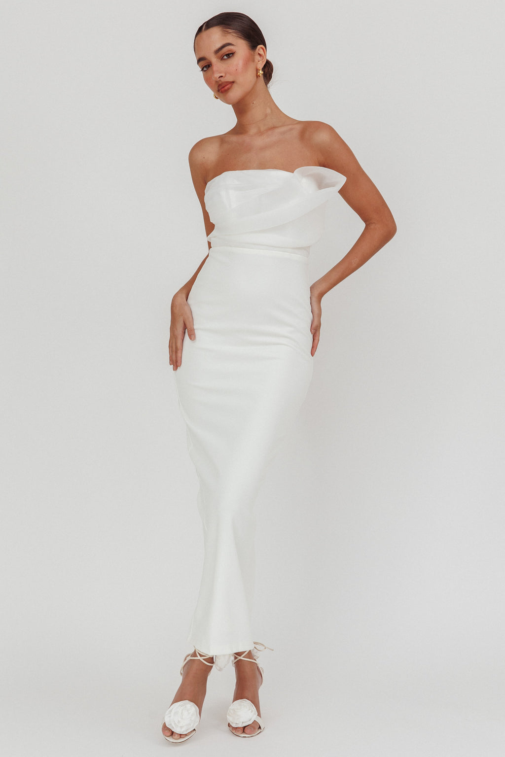 Karaline Strapless Bust Accent Maxi Dress White Selfie Leslie Karaline Strapless Bust Accent Maxi Dress White Selfie Leslie
