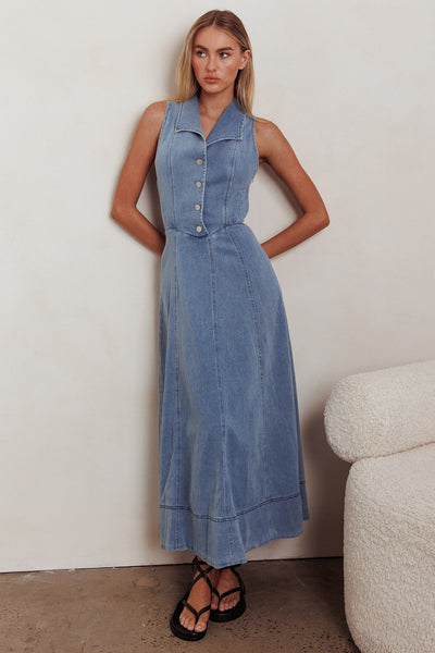 Entertain Me Sleeveless A-Line Maxi Dress Denim Blue Selfie Leslie