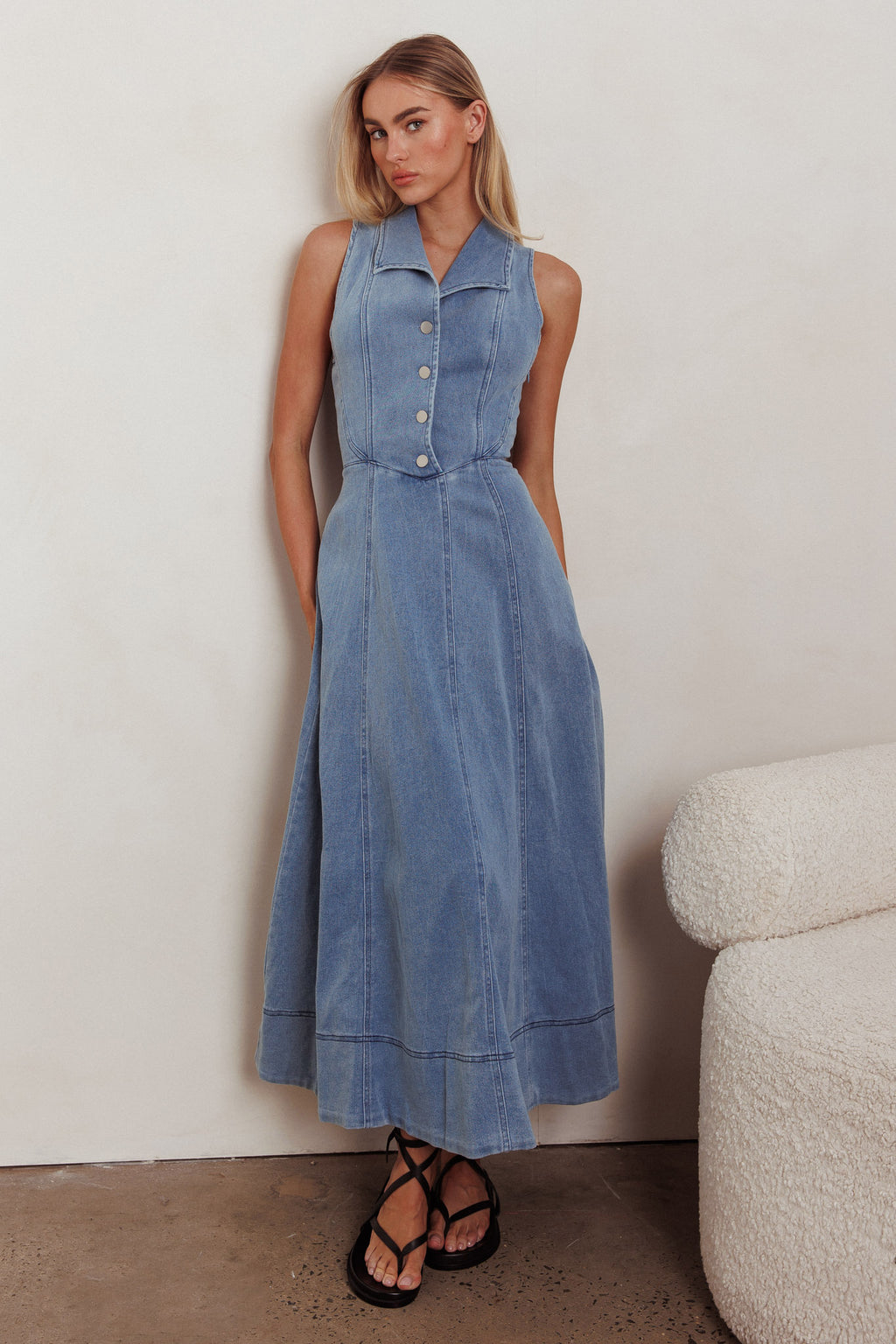 Entertain Me Sleeveless A-Line Maxi Dress Denim Blue by Selfie Leslie