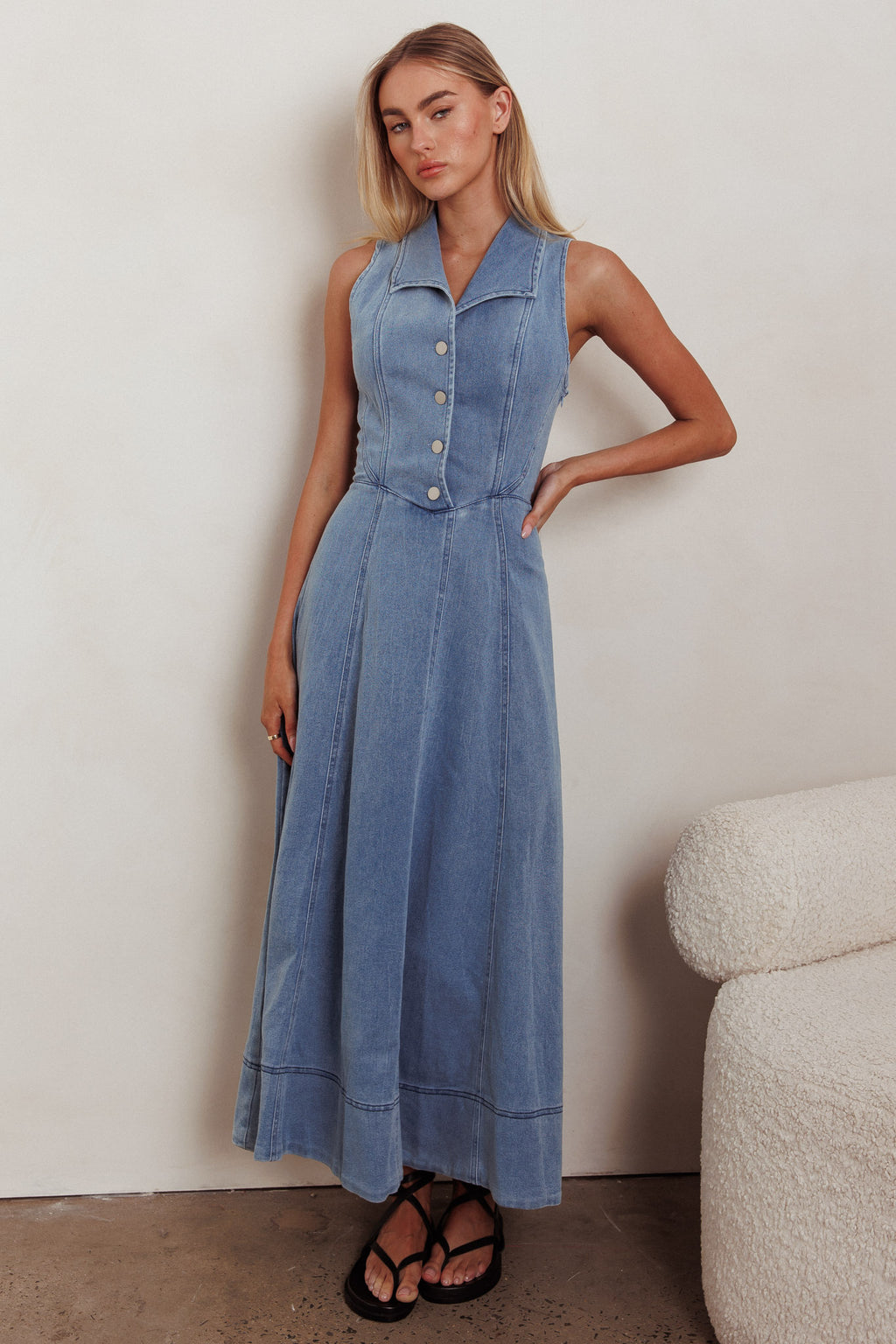 Entertain Me Sleeveless A-Line Maxi Dress Denim Blue by Selfie Leslie