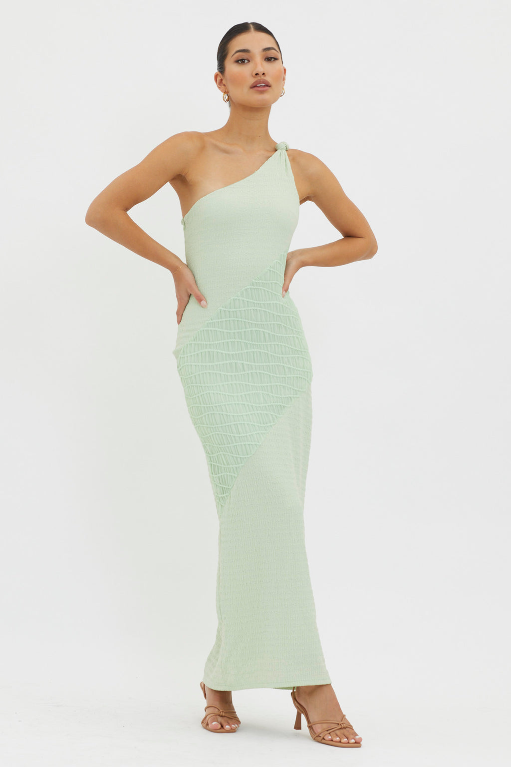 Clean Slate One-Shoulder Smocked Midi Dress Sage by Selfie Leslie