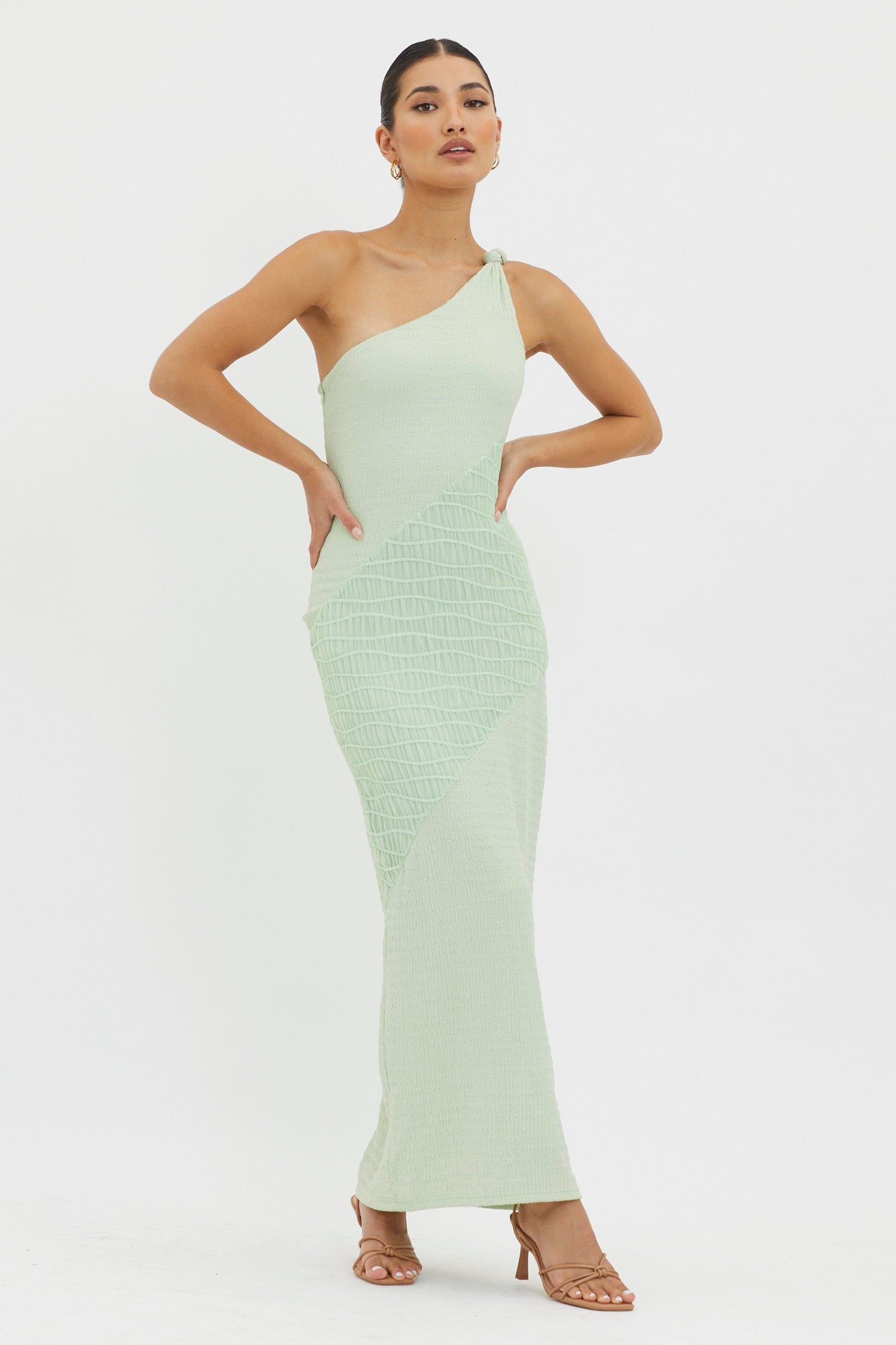 Clean Slate One-Shoulder Smocked Midi Dress Sage by Selfie Leslie