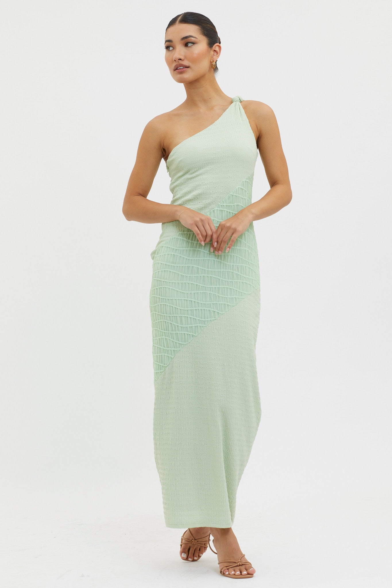 Clean Slate One-Shoulder Smocked Midi Dress Sage by Selfie Leslie