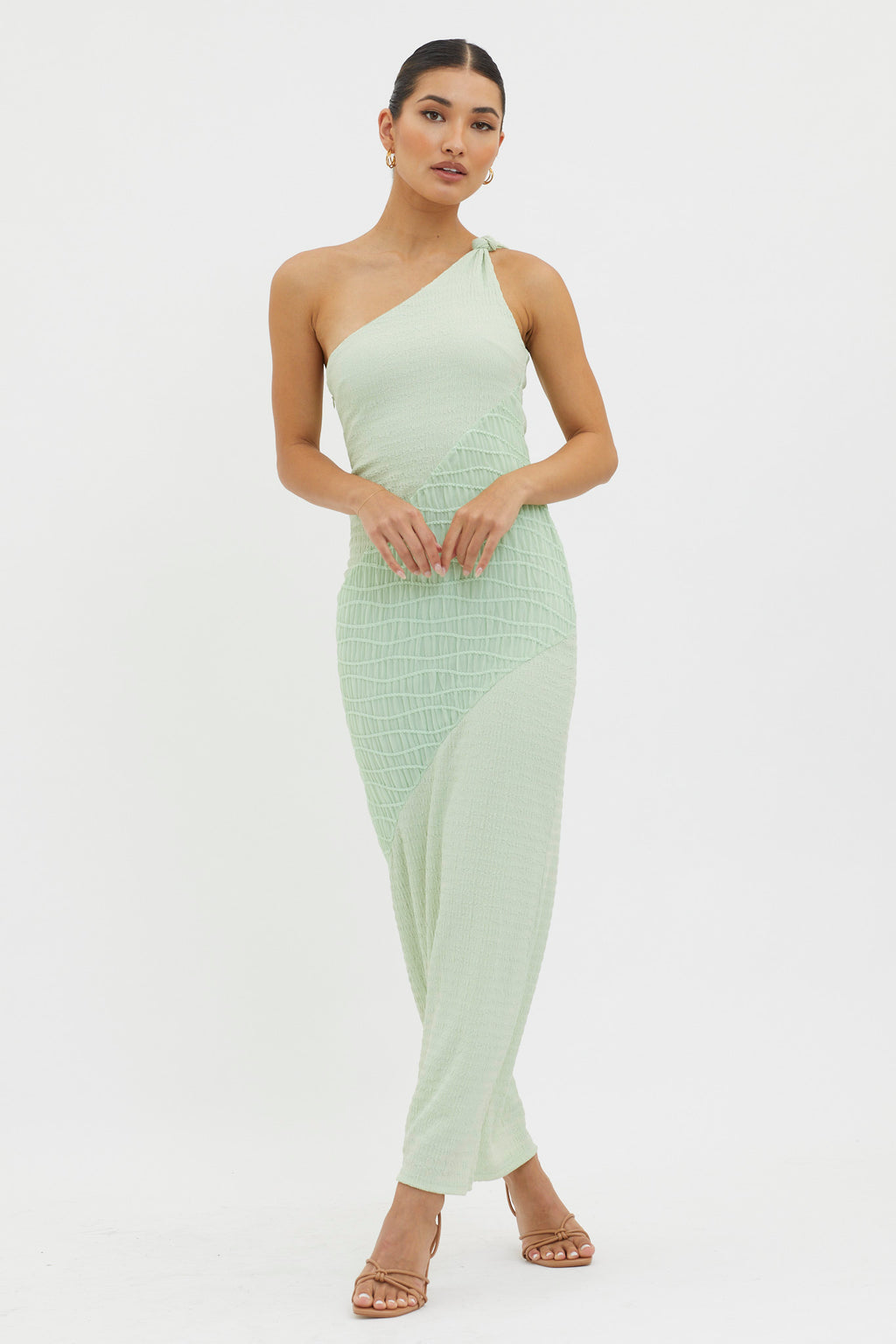 Clean Slate One-Shoulder Smocked Midi Dress Sage by Selfie Leslie