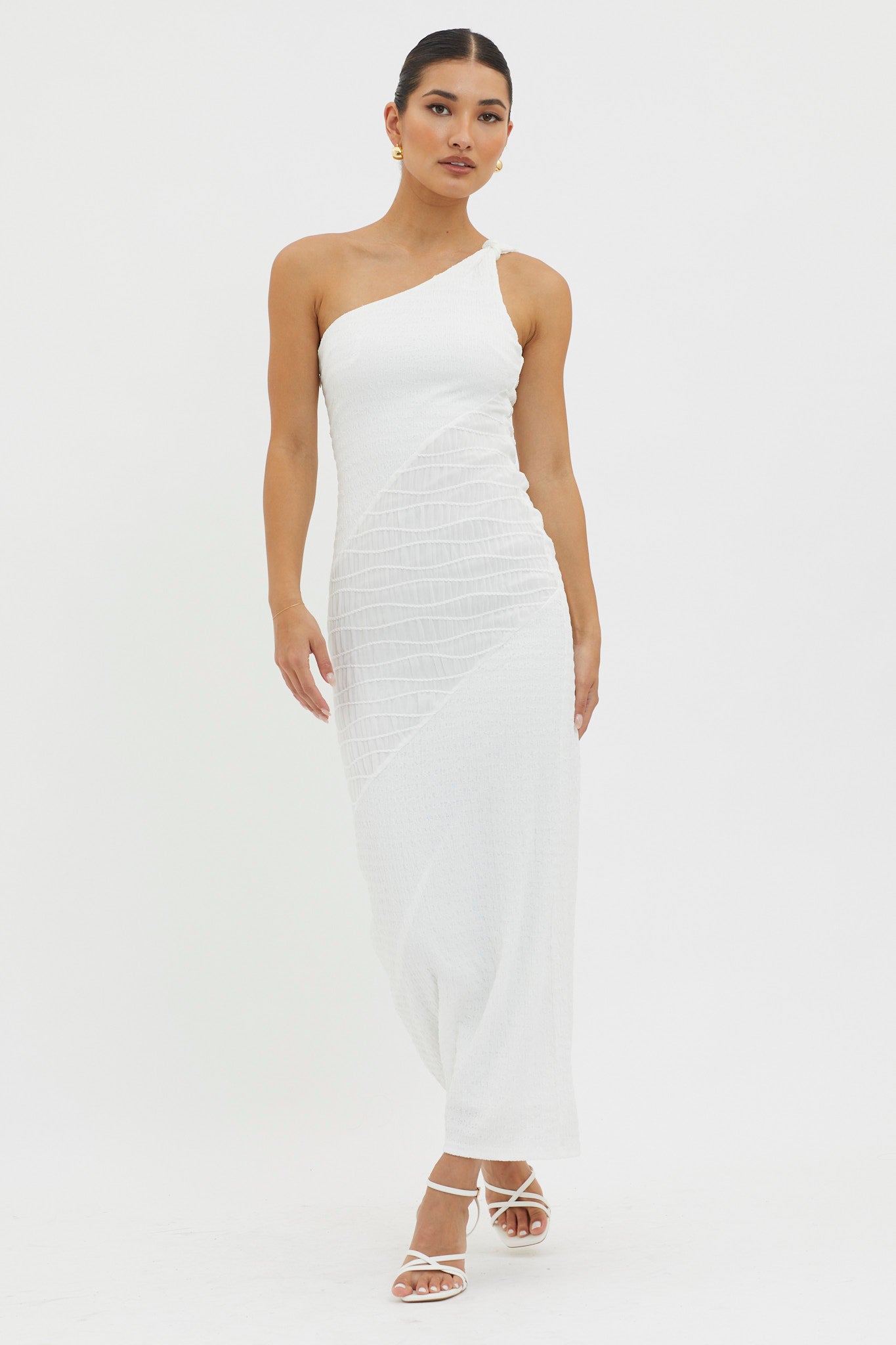 Clean Slate One-Shoulder Smocked Midi Dress White by Selfie Leslie