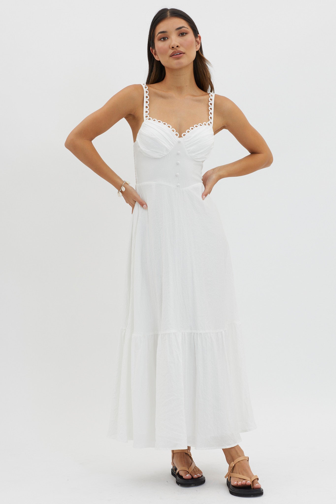Golden Suns Scallop Trim Midi Dress White by Selfie Leslie