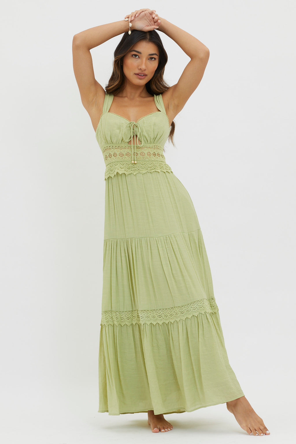 Libby Crochet Lace Waist Maxi Dress Green by Selfie Leslie