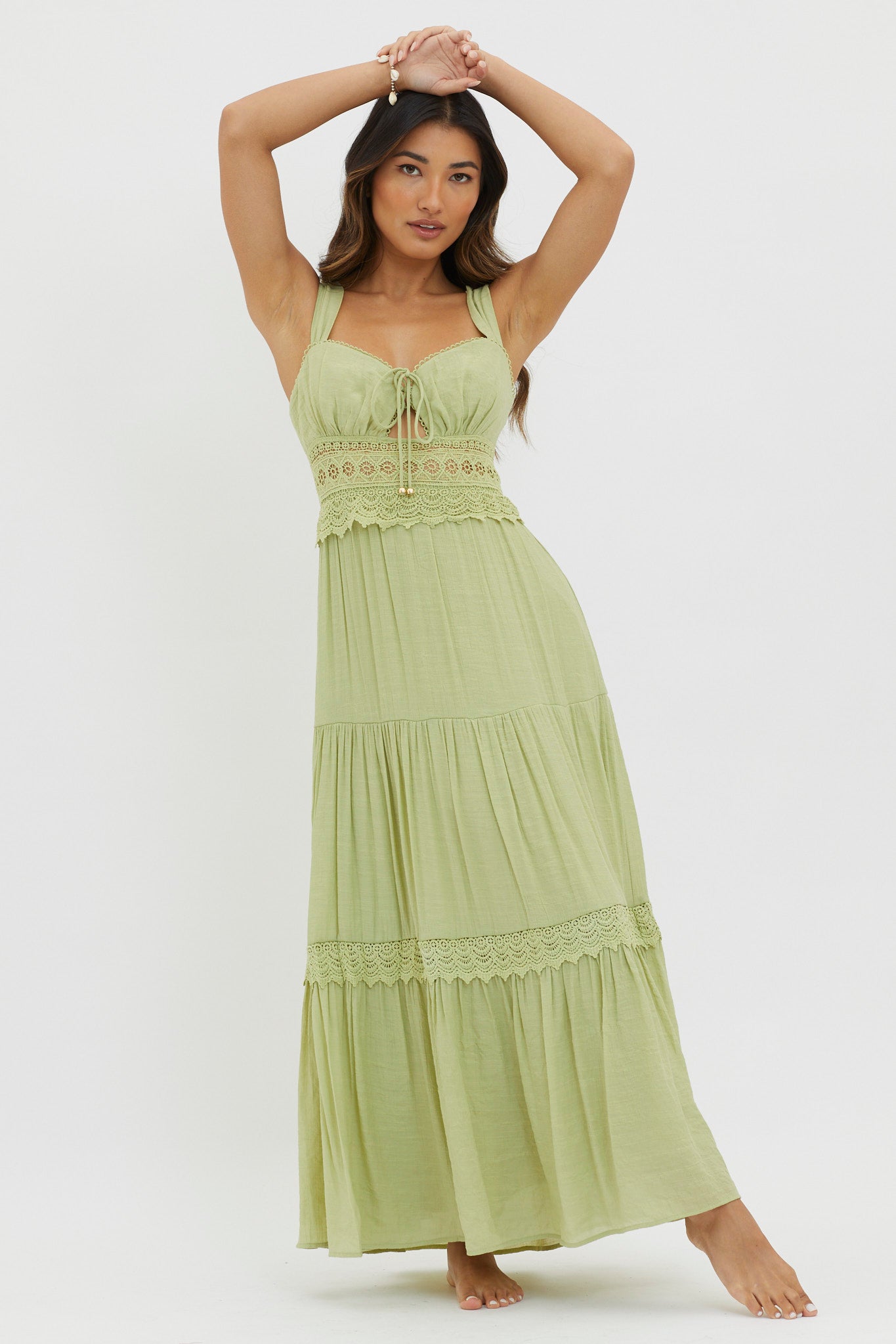 Libby Crochet Lace Waist Maxi Dress Green by Selfie Leslie