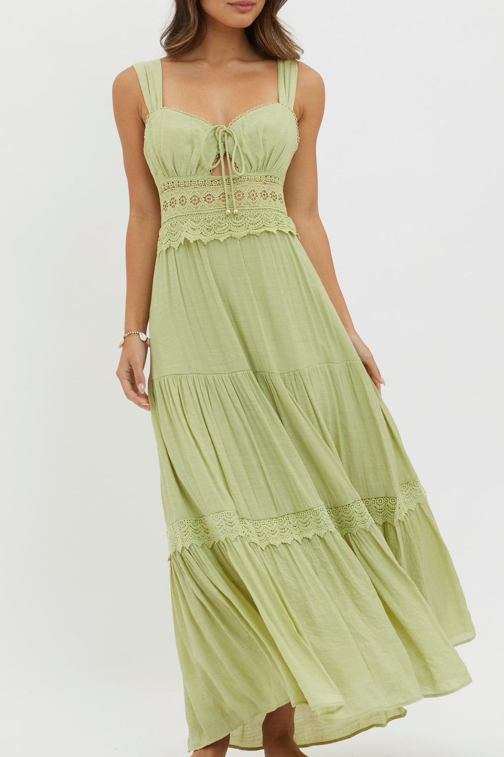 Libby Crochet Lace Waist Maxi Dress Green by Selfie Leslie